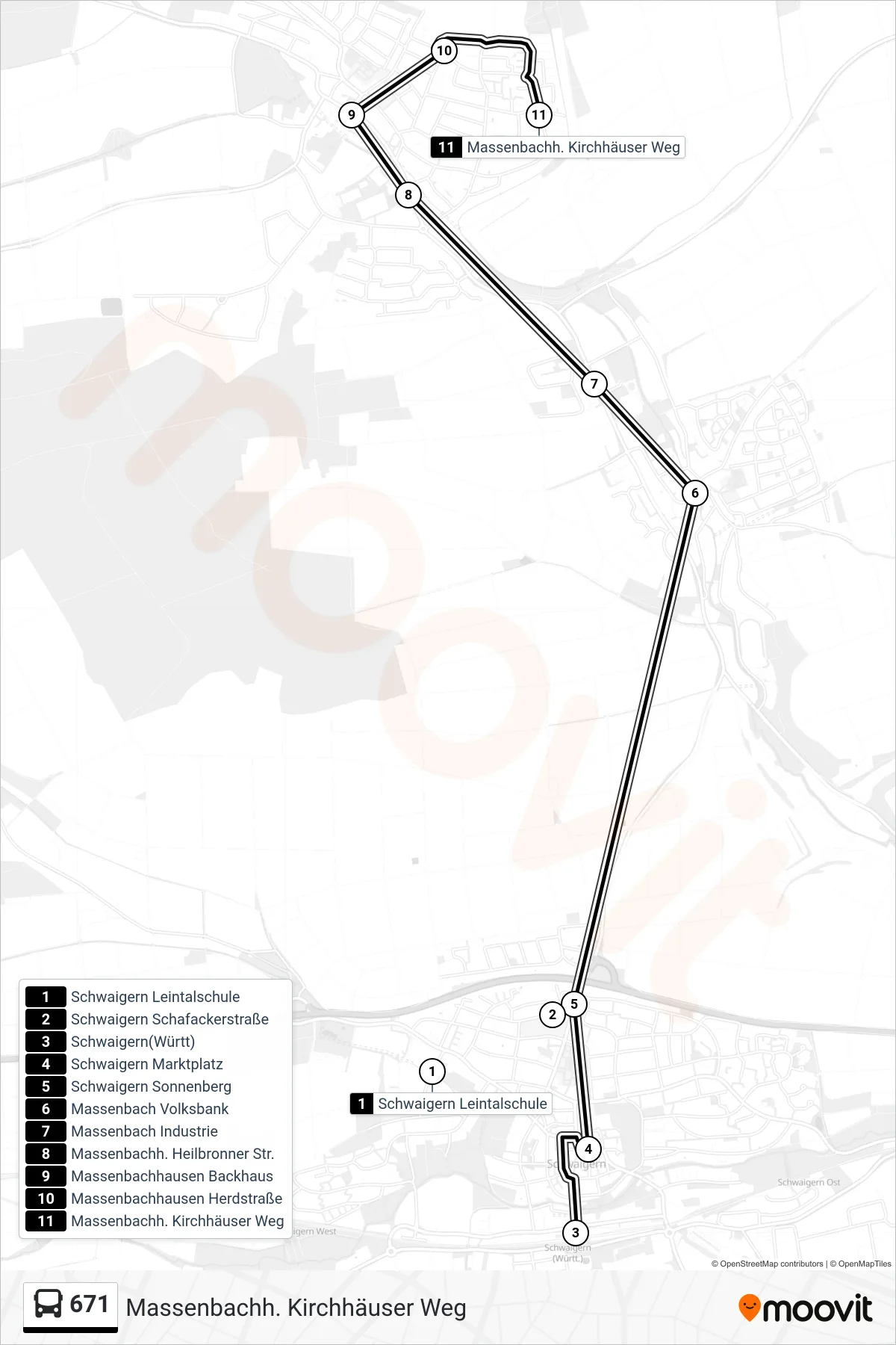 671 bus Line (Massenbachh. Kirchhäuser Weg) route and stops on a map