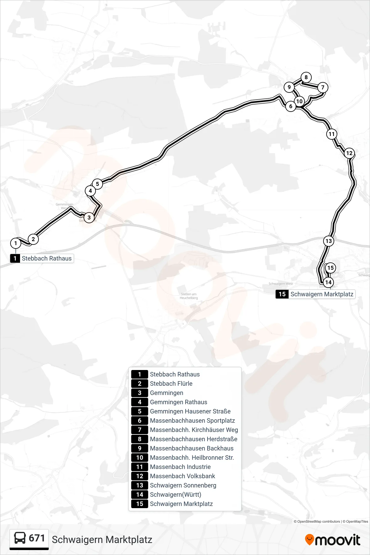 671 bus Line (Schwaigern Marktplatz) route and stops on a map