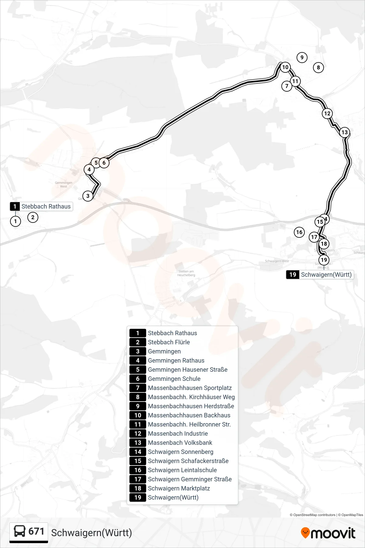 671 bus Line (Schwaigern(Württ)) route and stops on a map