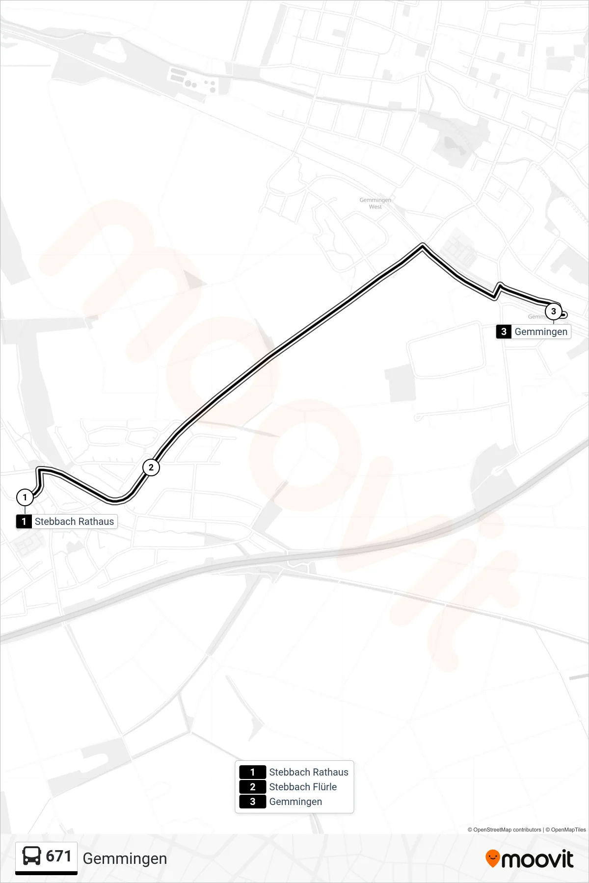671 bus Line (Gemmingen) route and stops on a map