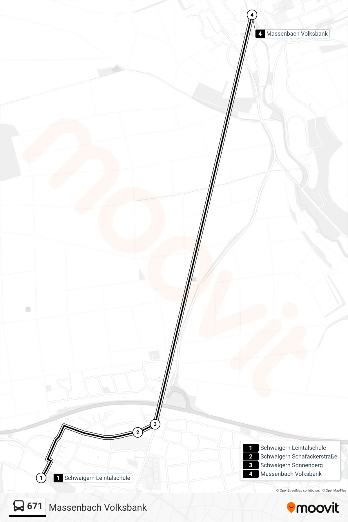 671 bus Line (Massenbach Volksbank) route and stops on a map