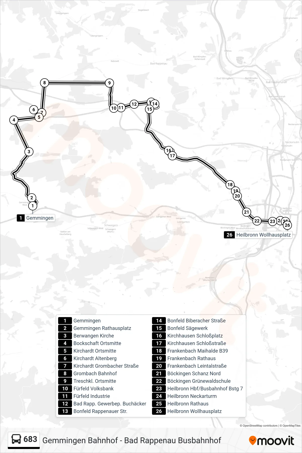 Linie 683 (Bus) Richtung Heilbronn Wollhausplatz: Route und Haltestellen auf der Karte