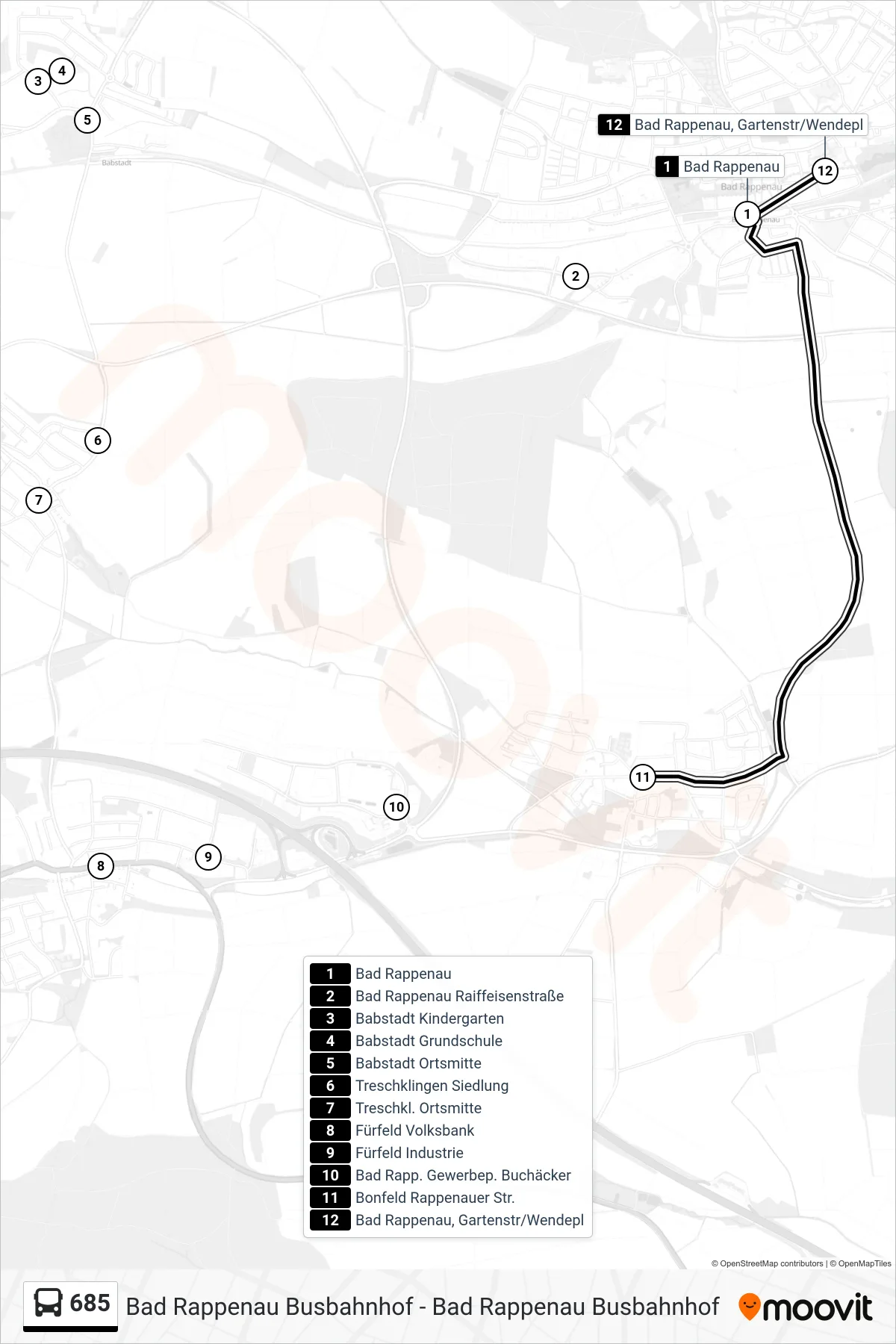 Linie 685 (Bus) Richtung Bad Rappenau, Gartenstr/Wendepl: Route und Haltestellen auf der Karte