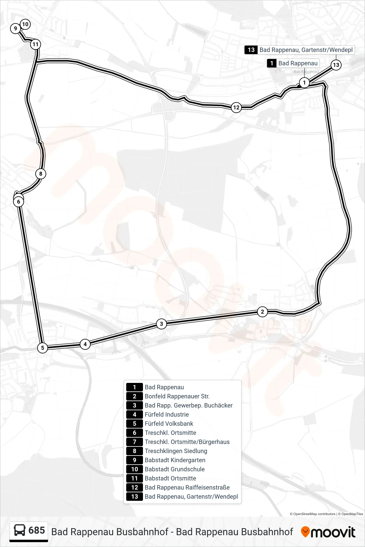 685 bus Line (Bad Rappenau, Gartenstr/Wendepl) route and stops on a map