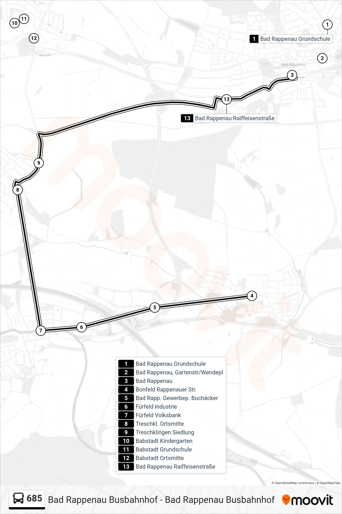 685 bus Line (Bad Rappenau) route and stops on a map