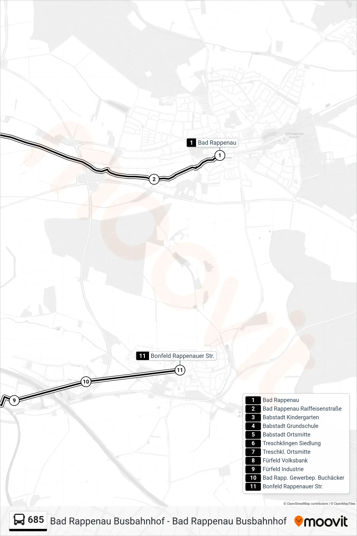 685 bus Line (Bonfeld Rappenauer Str.) route and stops on a map