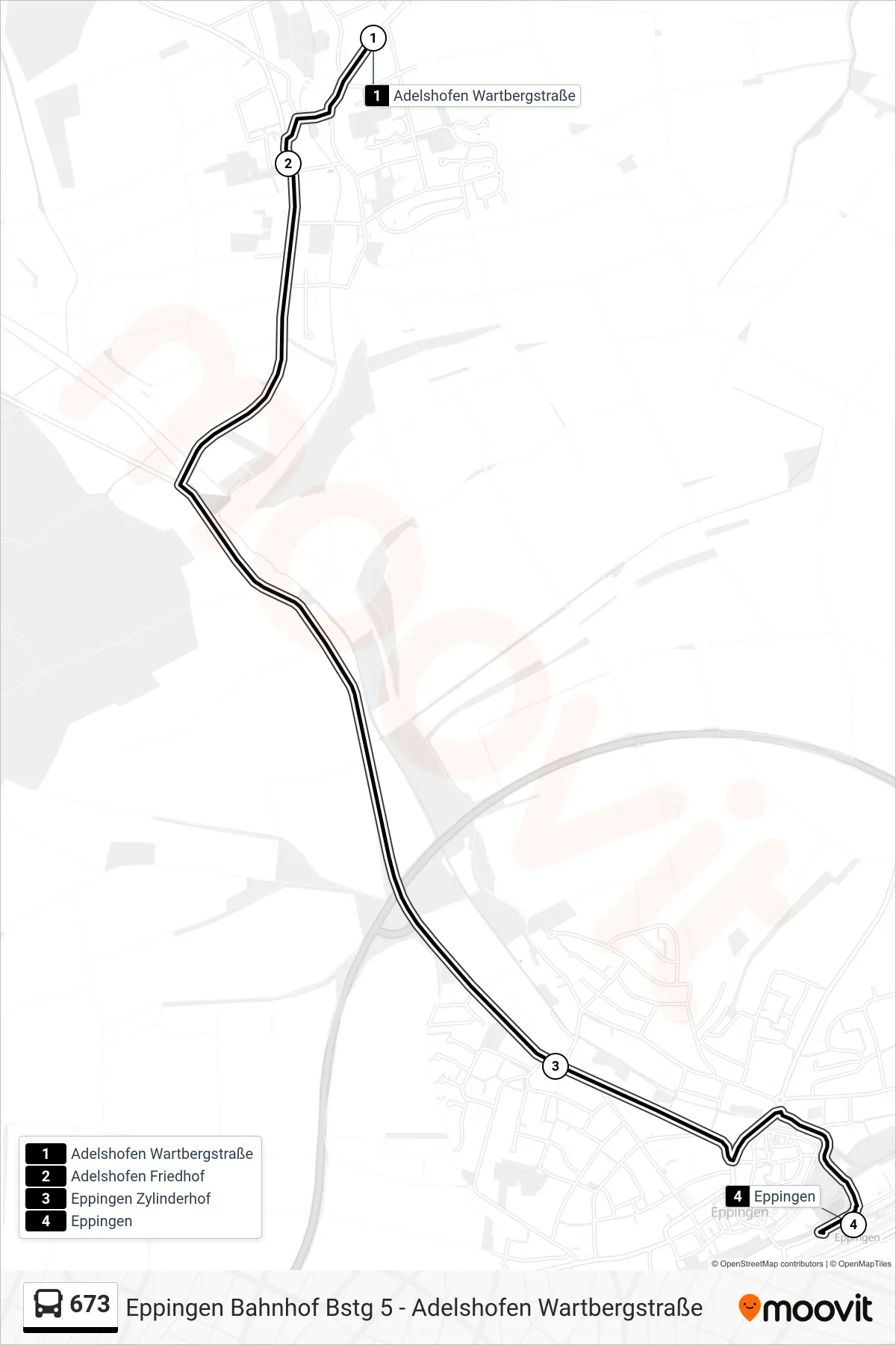 673 bus Line (Eppingen) route and stops on a map