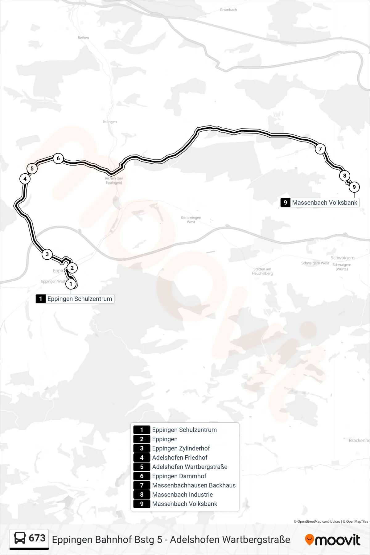 673 bus Line (Massenbach Volksbank) route and stops on a map