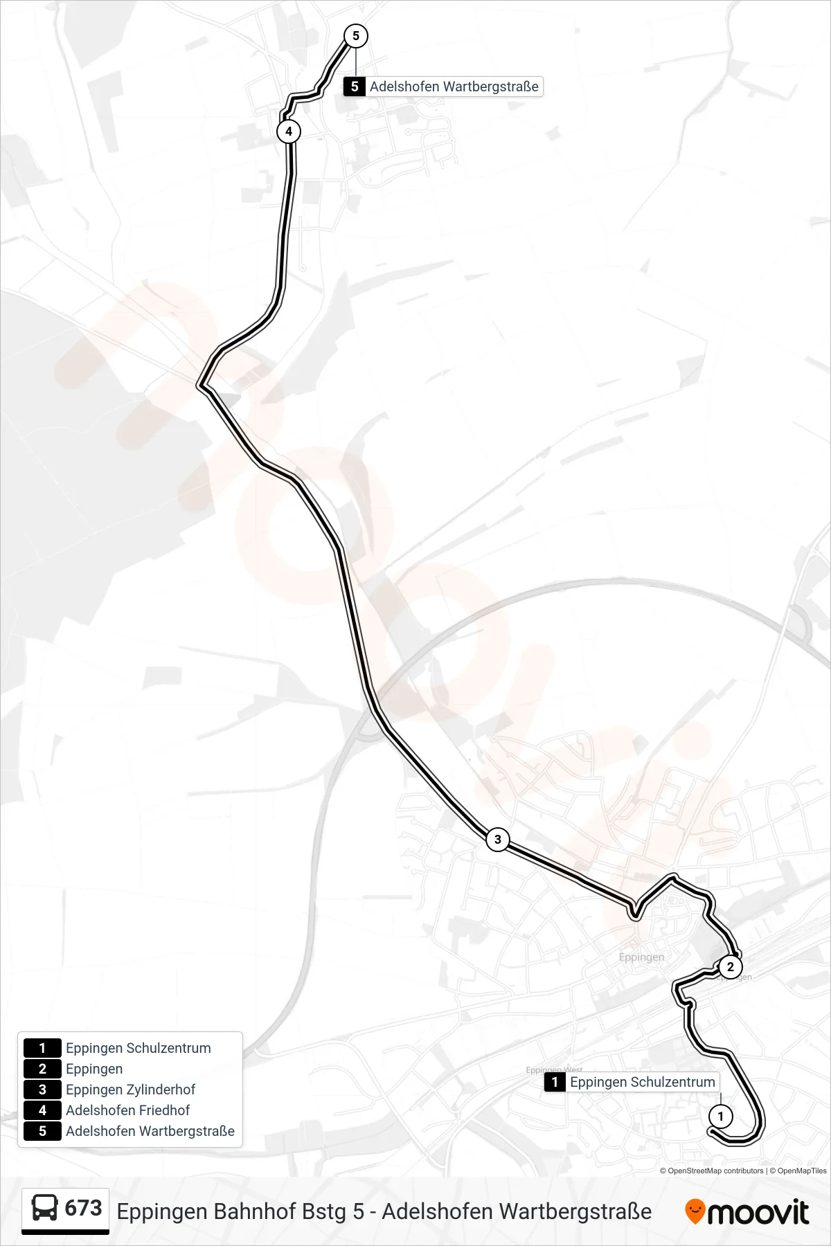 673 bus Line (Adelshofen Wartbergstraße) route and stops on a map