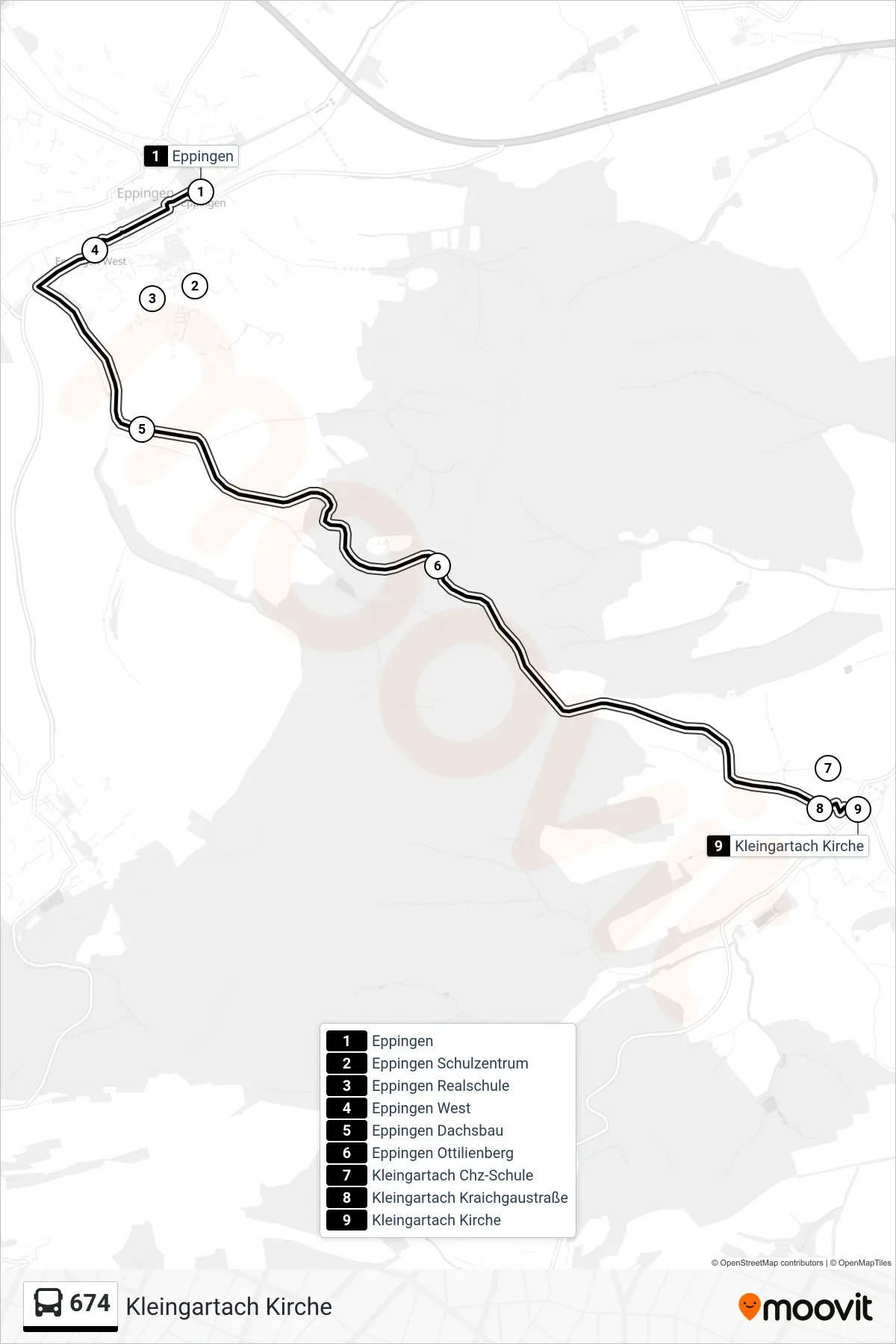 Linie 674 (Bus) Richtung Kleingartach Kirche: Route und Haltestellen auf der Karte