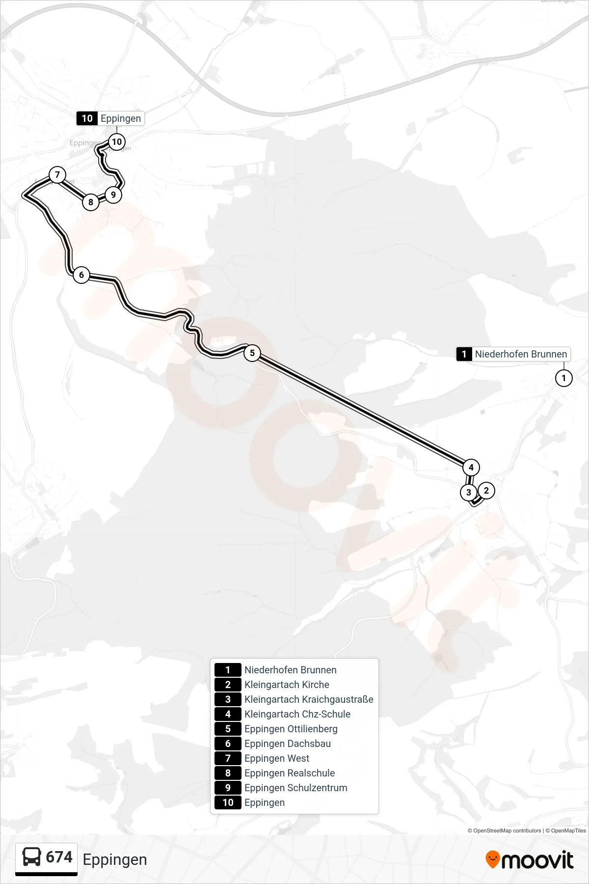 674 bus Line (Eppingen) route and stops on a map