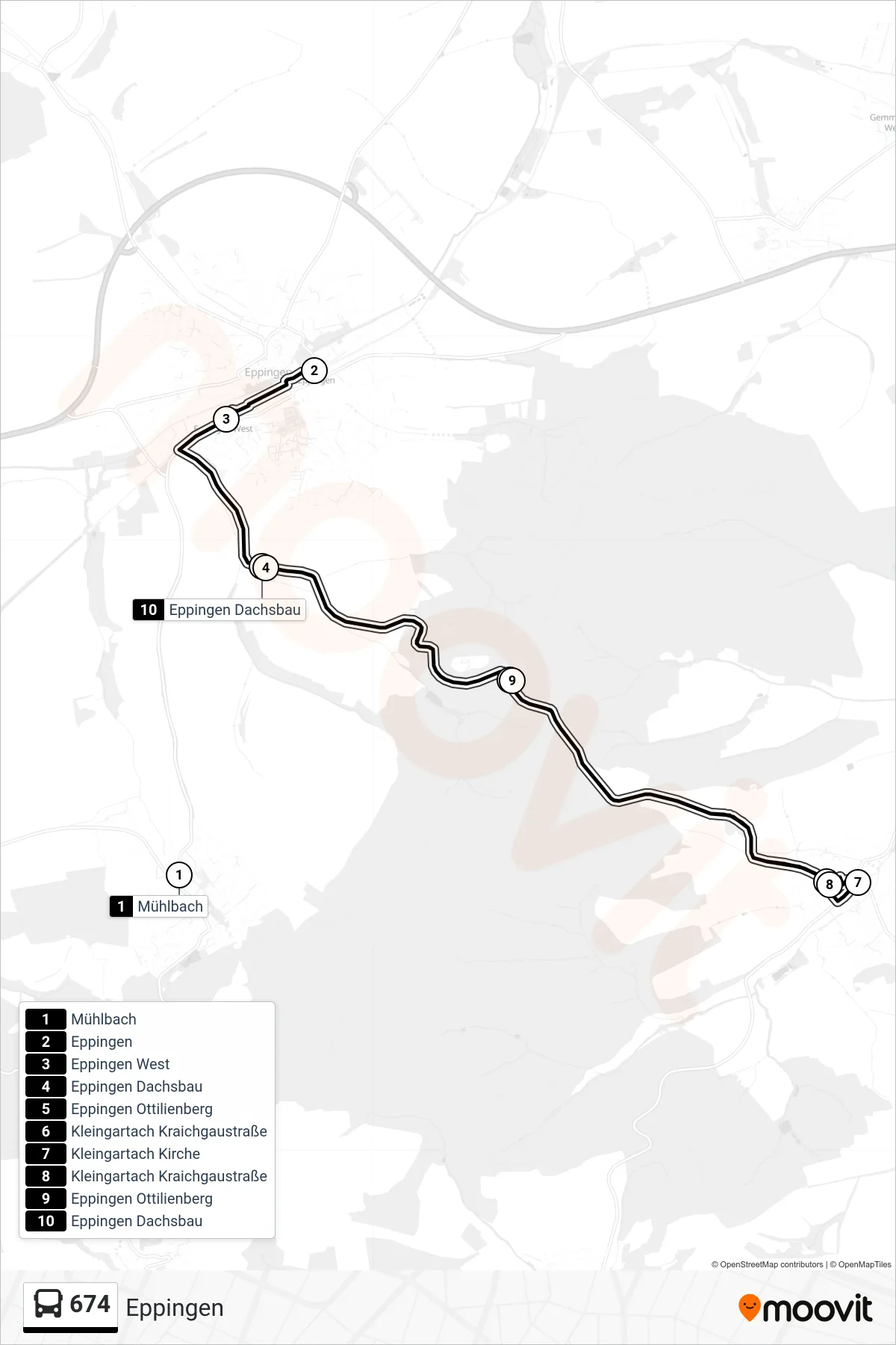 674 bus Line (Eppingen) route and stops on a map