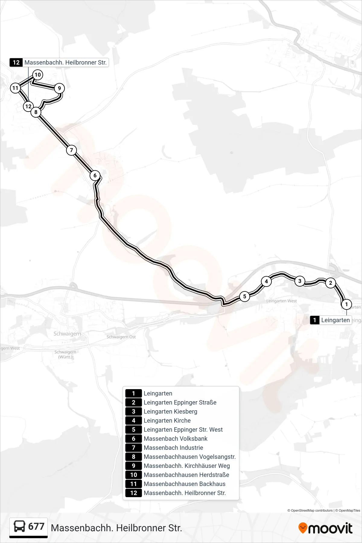677 bus Line (Massenbachh. Heilbronner Str.) route and stops on a map