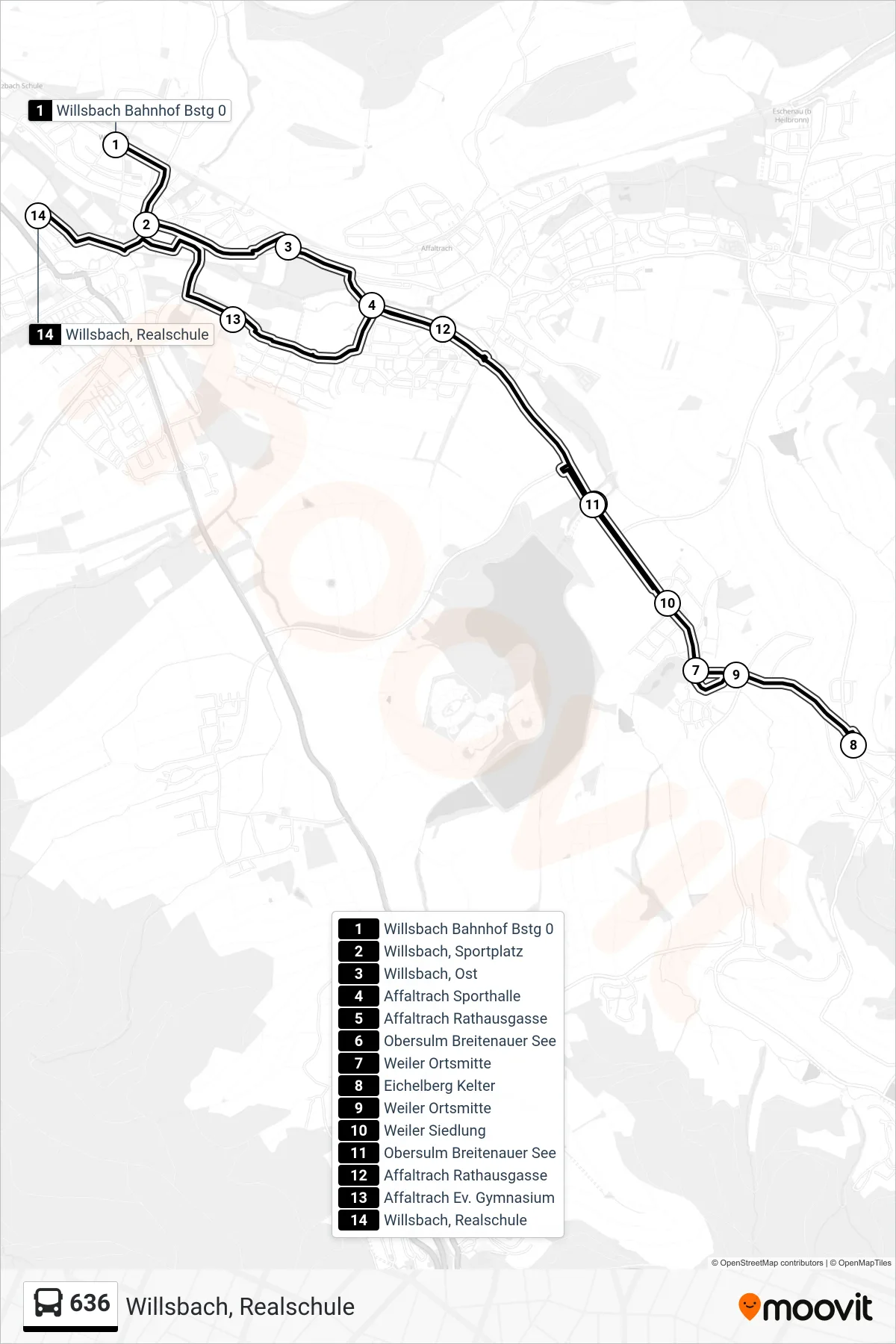 636 bus Line (Willsbach, Realschule) route and stops on a map