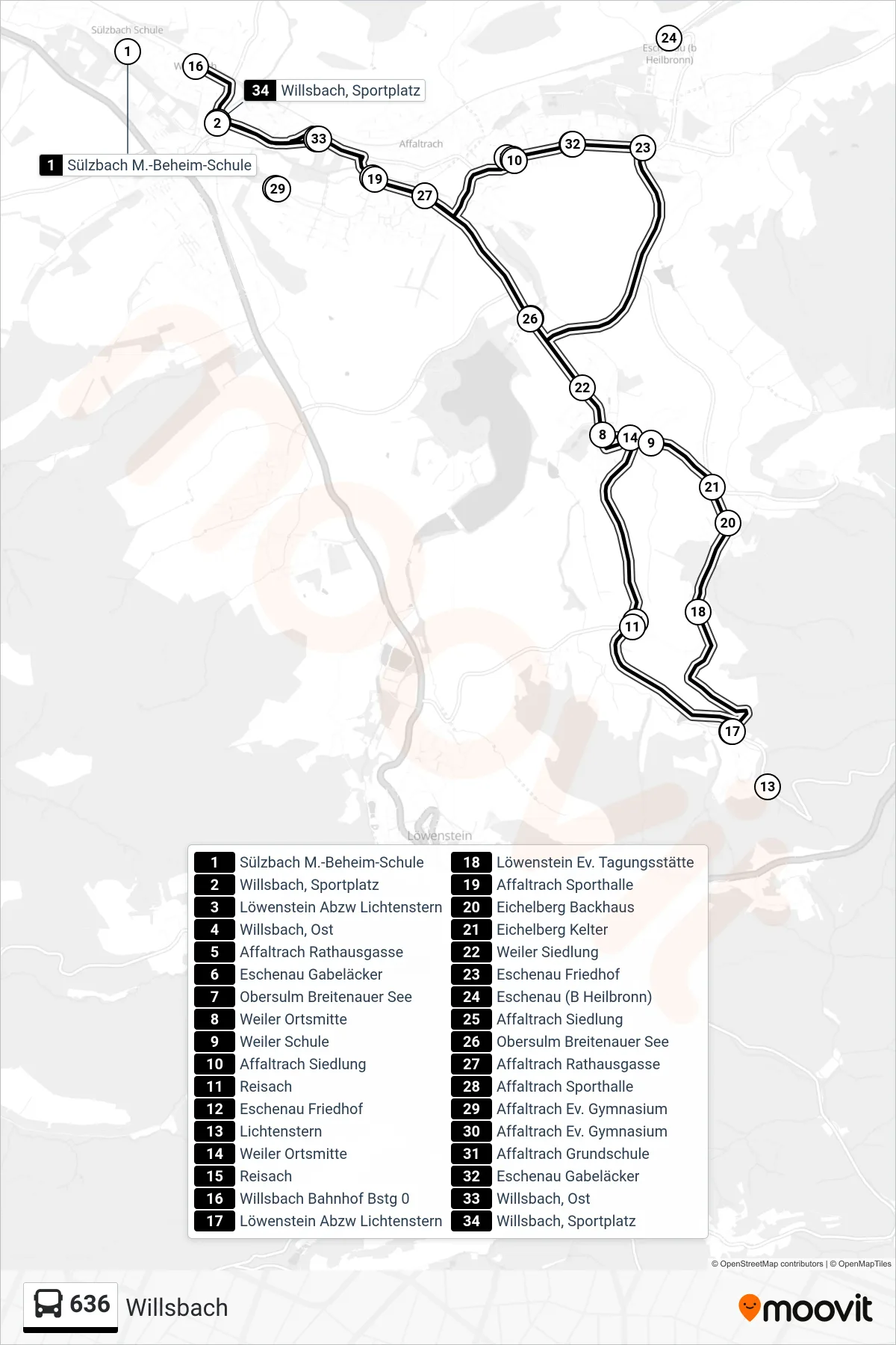 636 bus Line (Willsbach) route and stops on a map