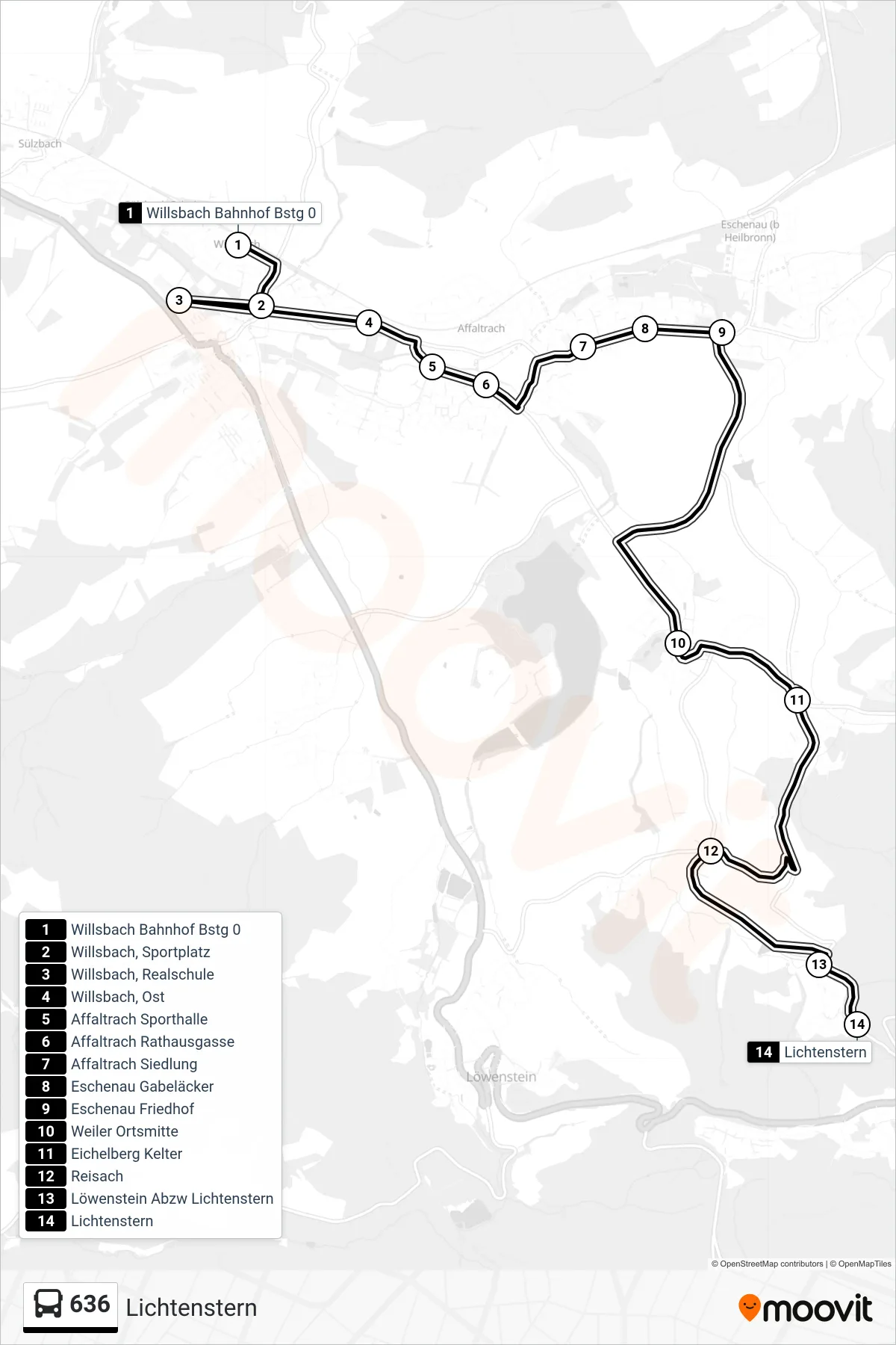 636 bus Line (Lichtenstern) route and stops on a map