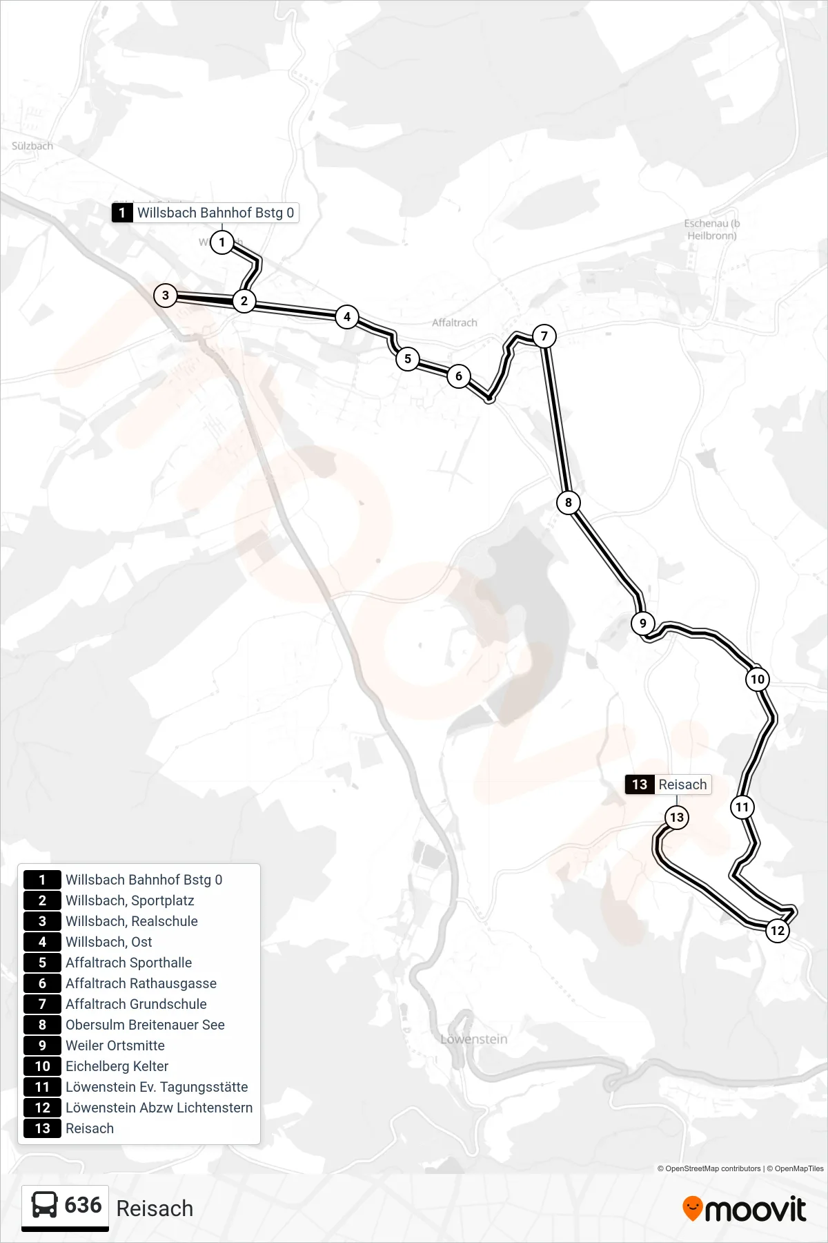636 bus Line (Reisach) route and stops on a map