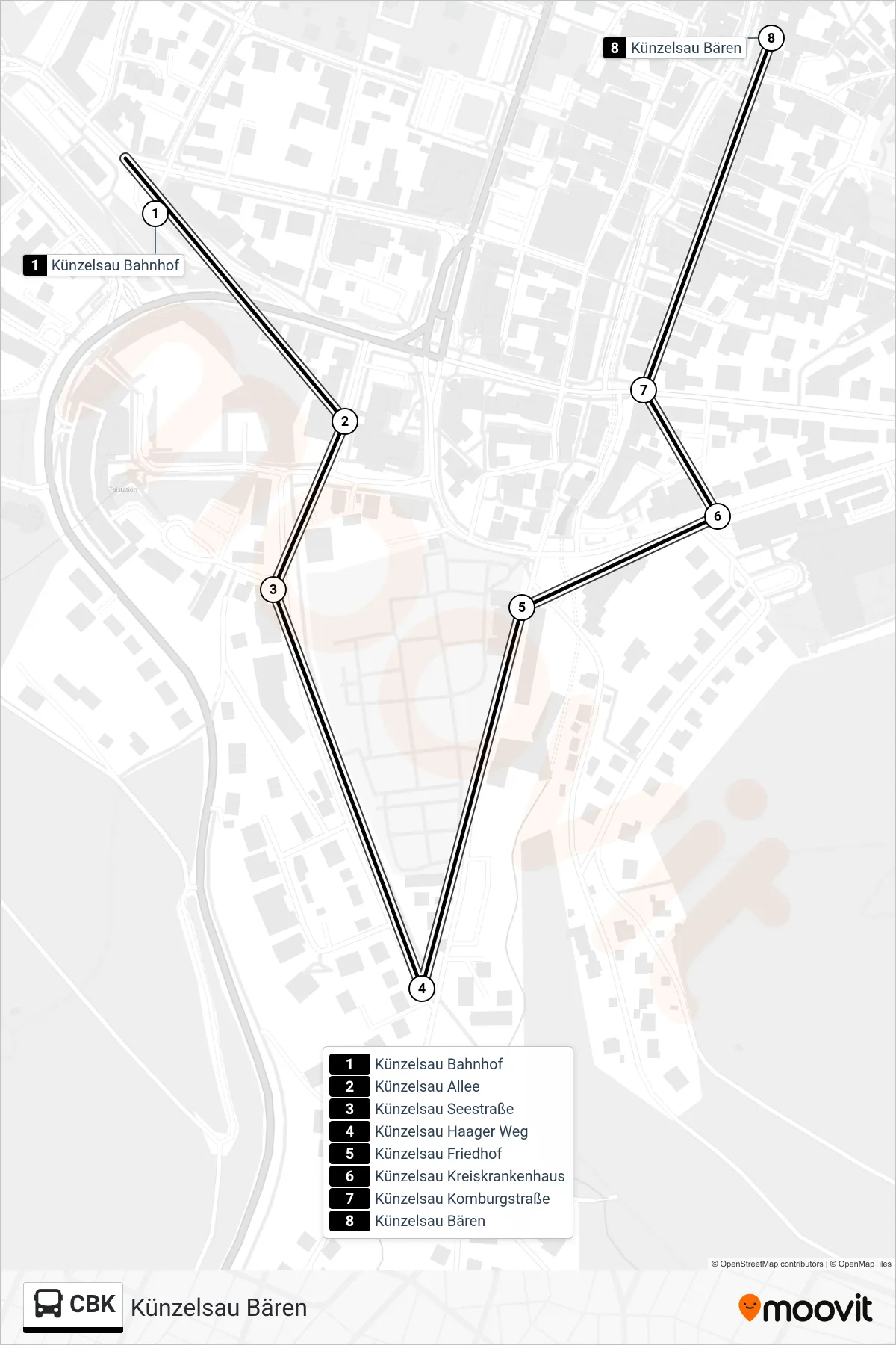 CBK bus Line (Künzelsau Bären) route and stops on a map