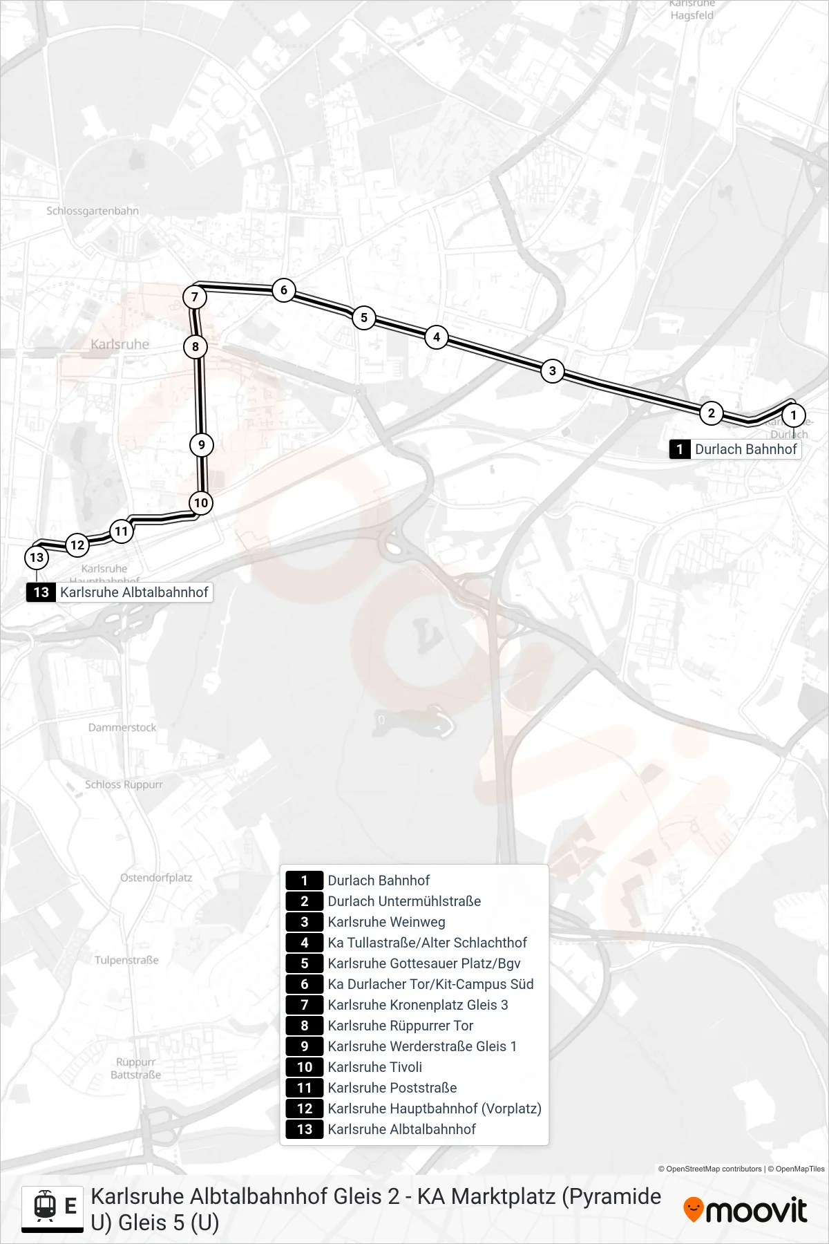 Linie E (Straßenbahn) Richtung Karlsruhe Albtalbahnhof: Route und Haltestellen auf der Karte