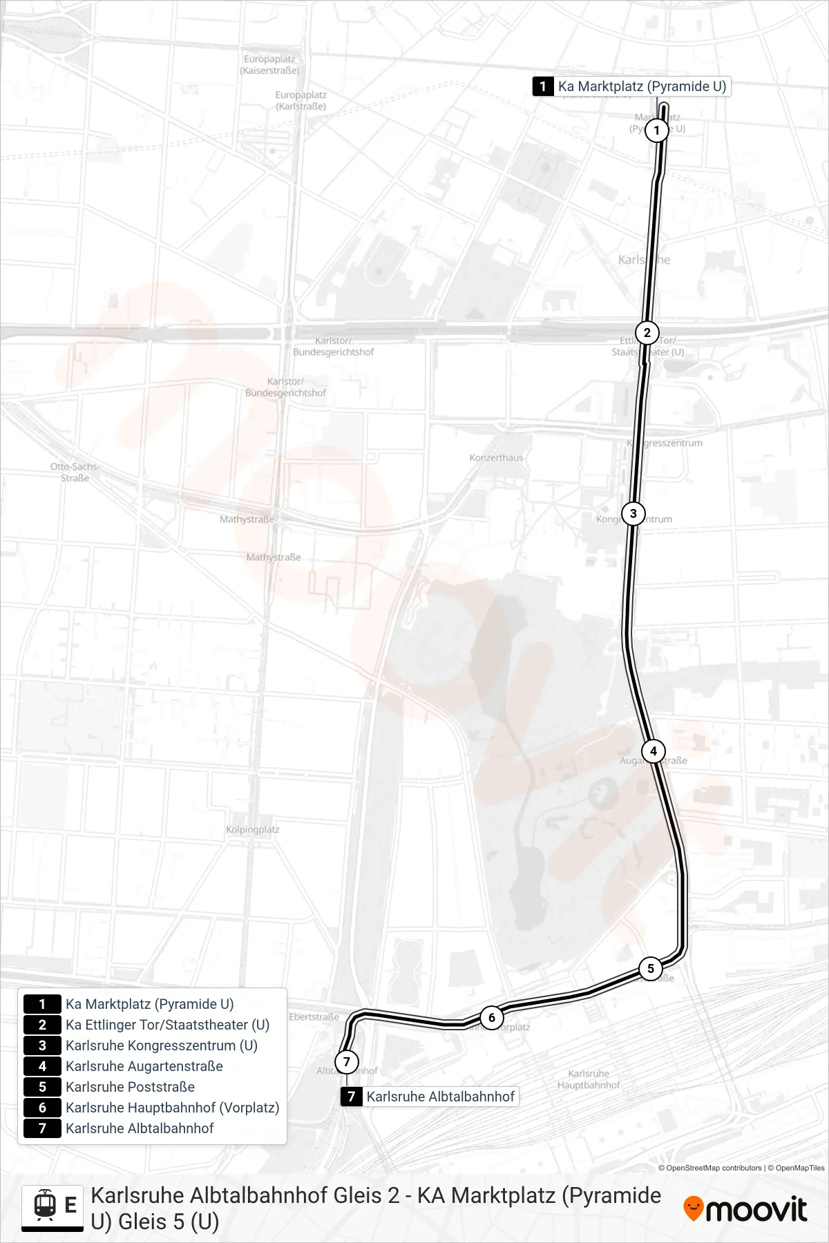 Linie E (Straßenbahn) Richtung Karlsruhe Albtalbahnhof: Route und Haltestellen auf der Karte