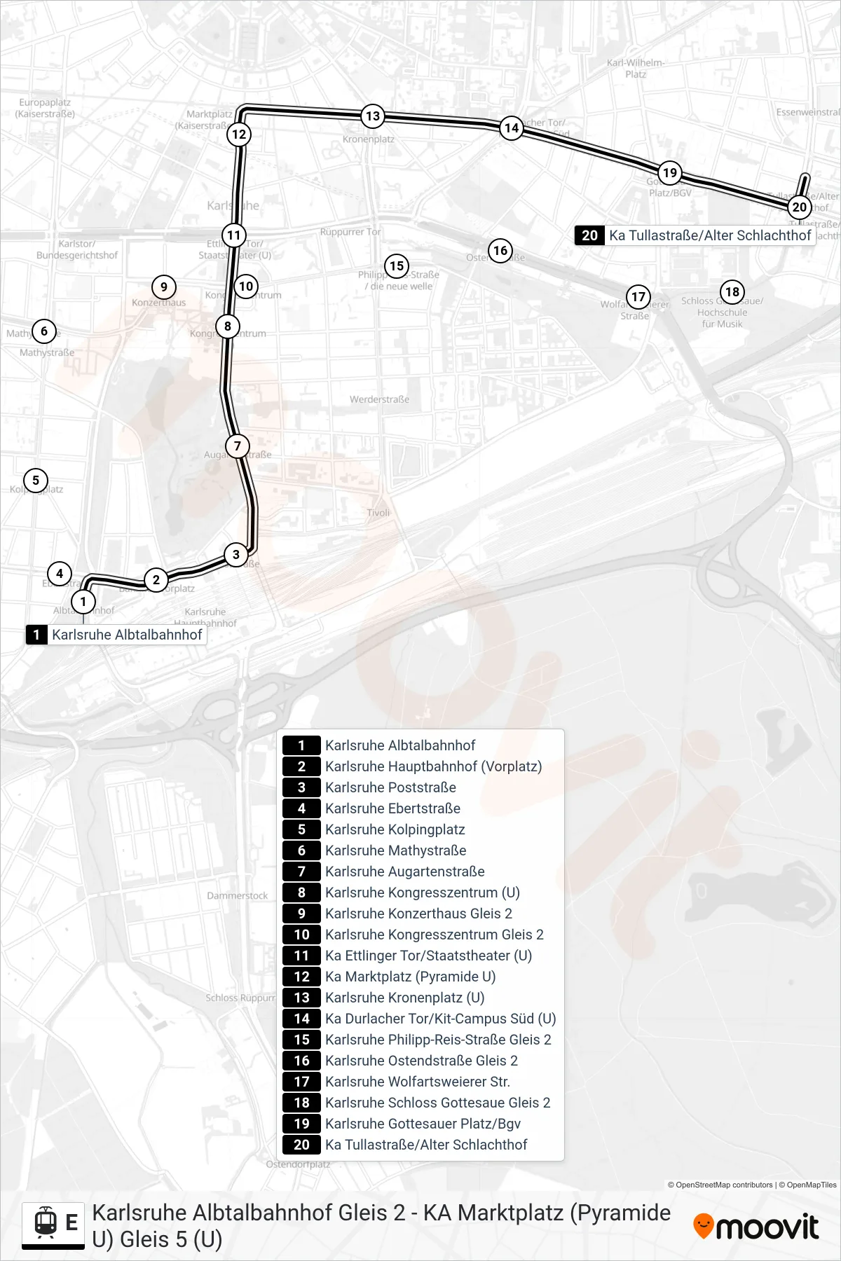 E light rail Line (Ka Tullastraße/Alter Schlachthof) route and stops on a map