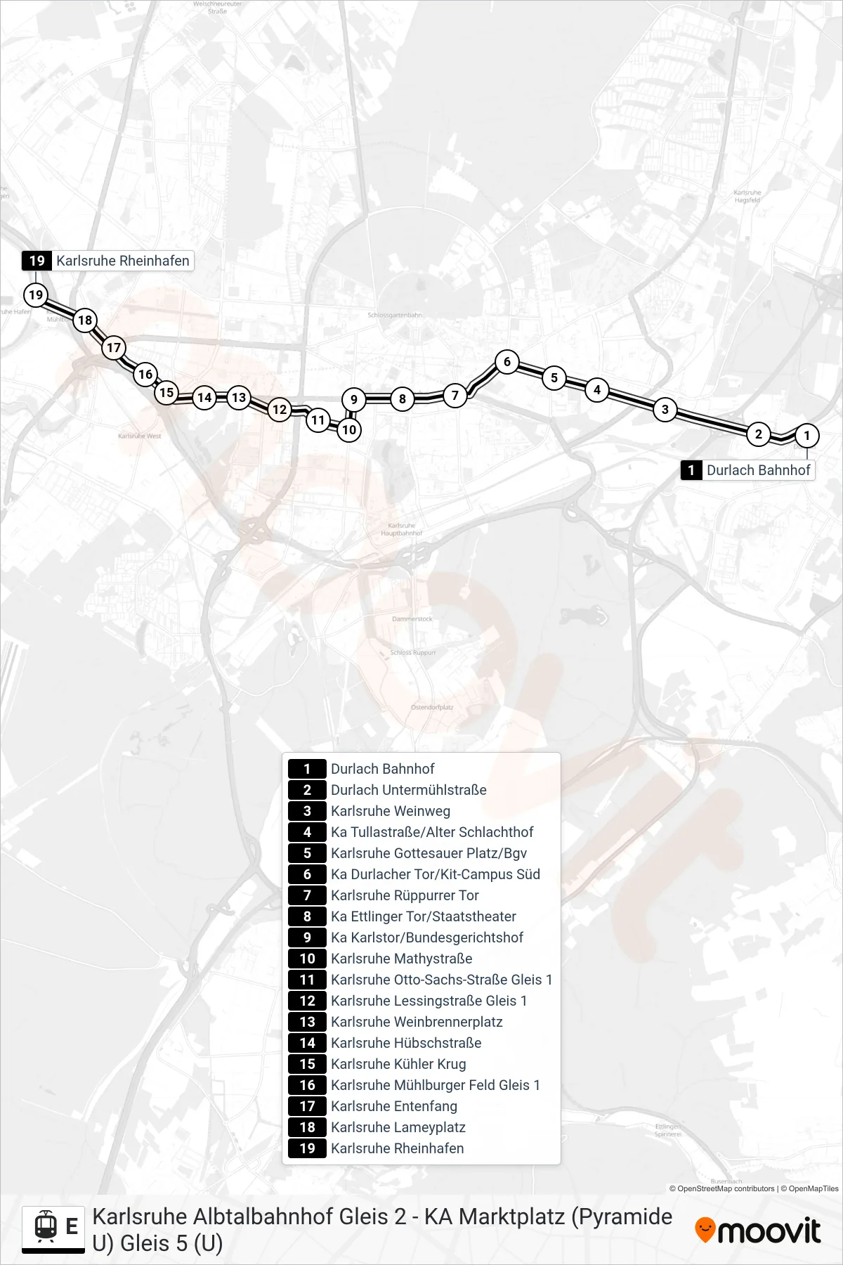 Linie E (Straßenbahn) Richtung Karlsruhe Rheinhafen: Route und Haltestellen auf der Karte