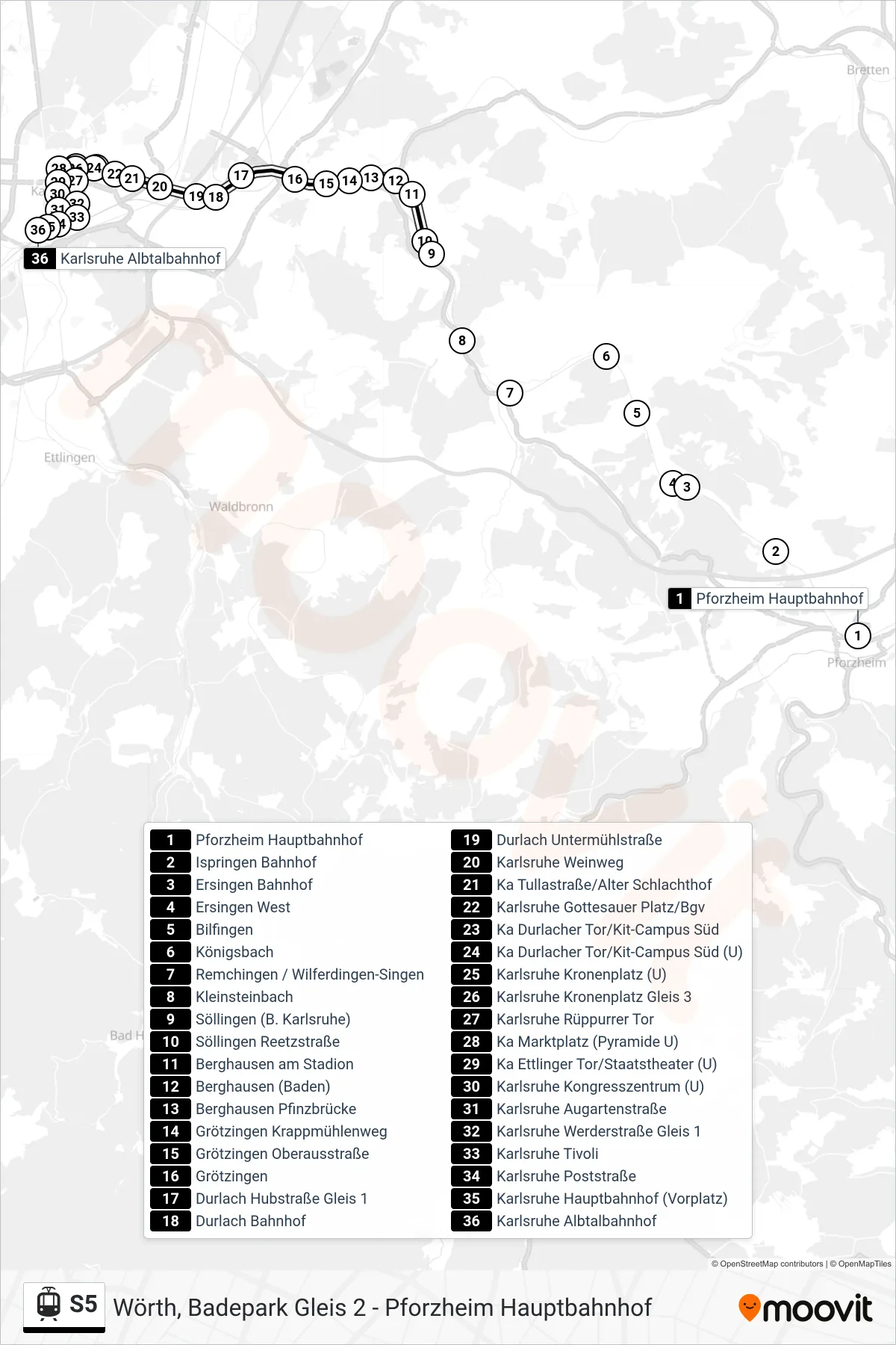 S5 tram Line (Karlsruhe Albtalbahnhof) route and stops on a map