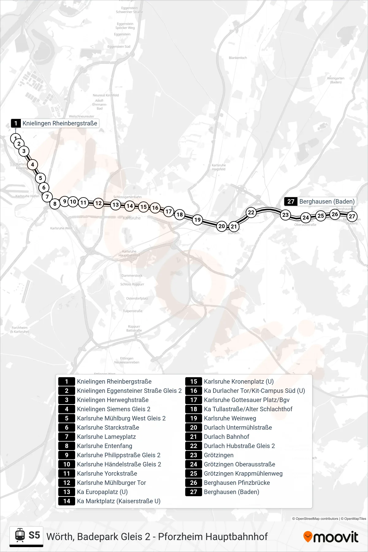 S5 light rail Line (Berghausen (Baden)) route and stops on a map