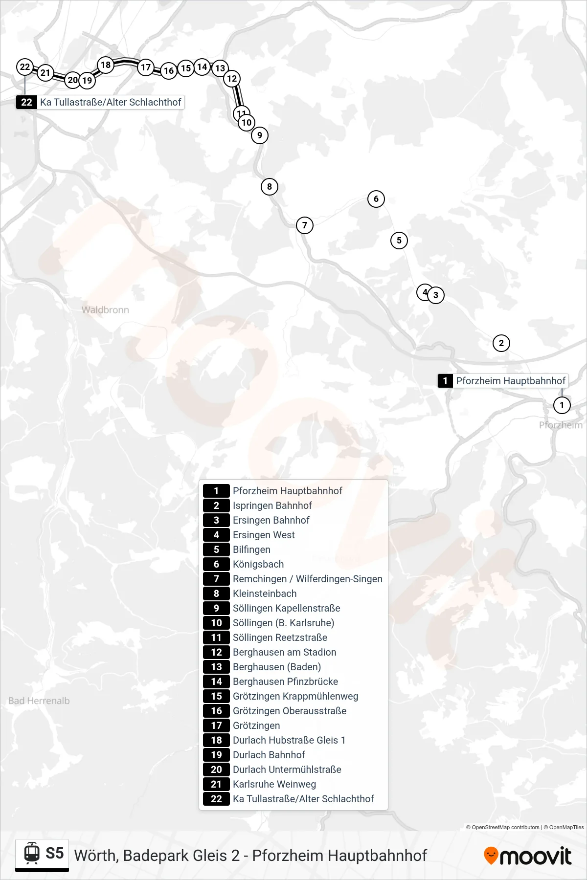 S5 light rail Line (Ka Tullastraße/Alter Schlachthof) route and stops on a map