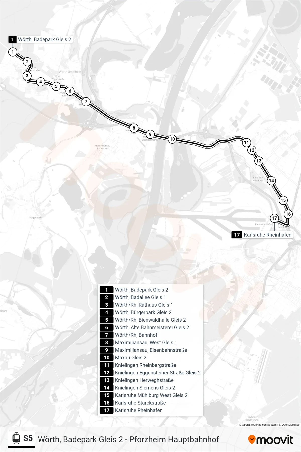 S5 light rail Line (Karlsruhe Rheinhafen) route and stops on a map