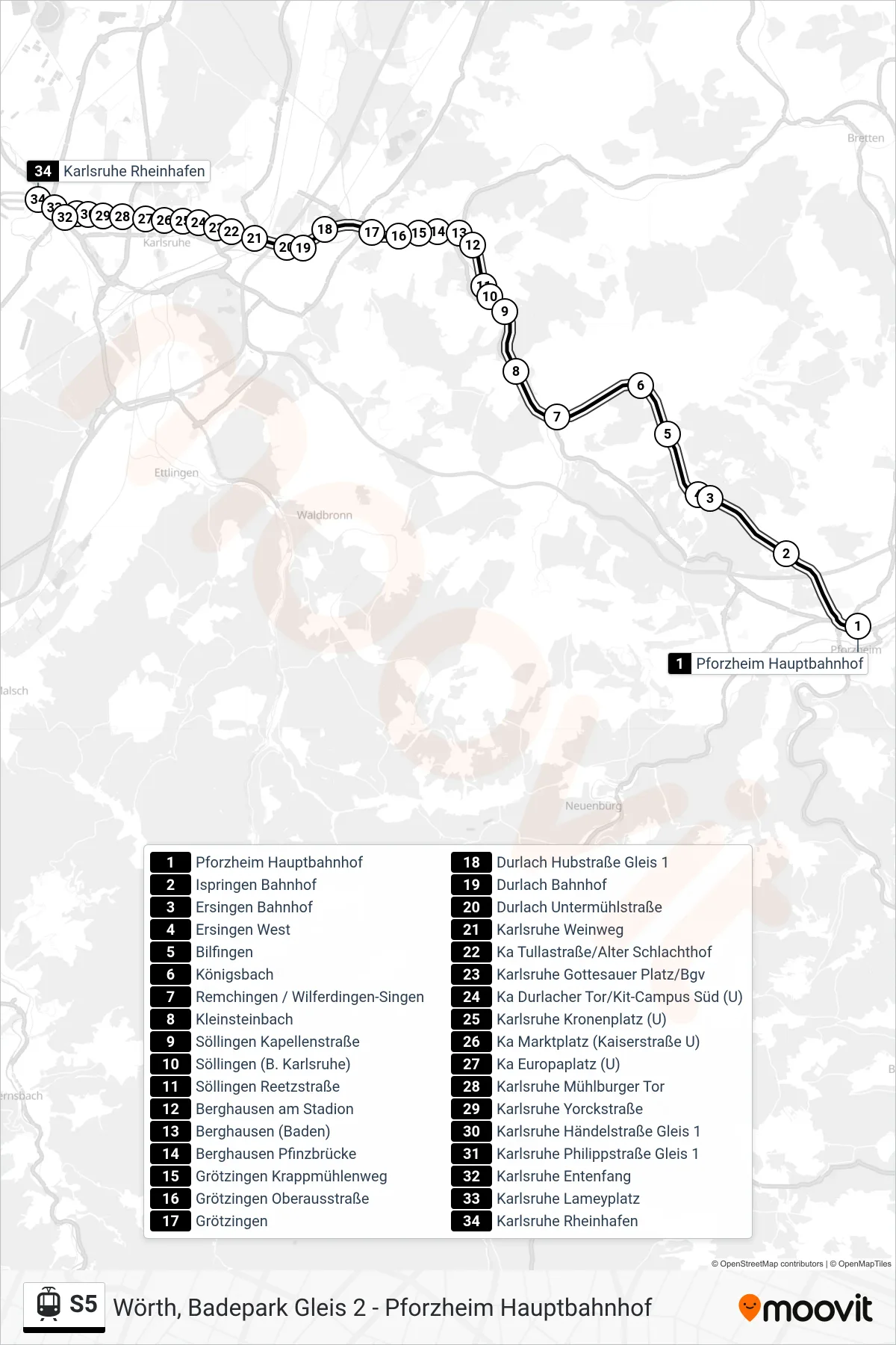 S5 light rail Line (Karlsruhe Rheinhafen) route and stops on a map