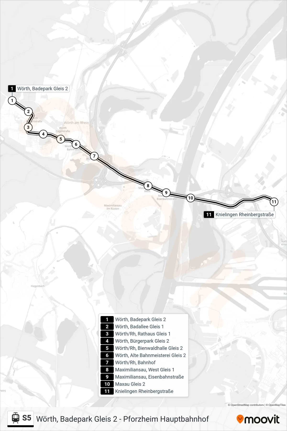 S5 light rail Line (Knielingen Rheinbergstraße) route and stops on a map