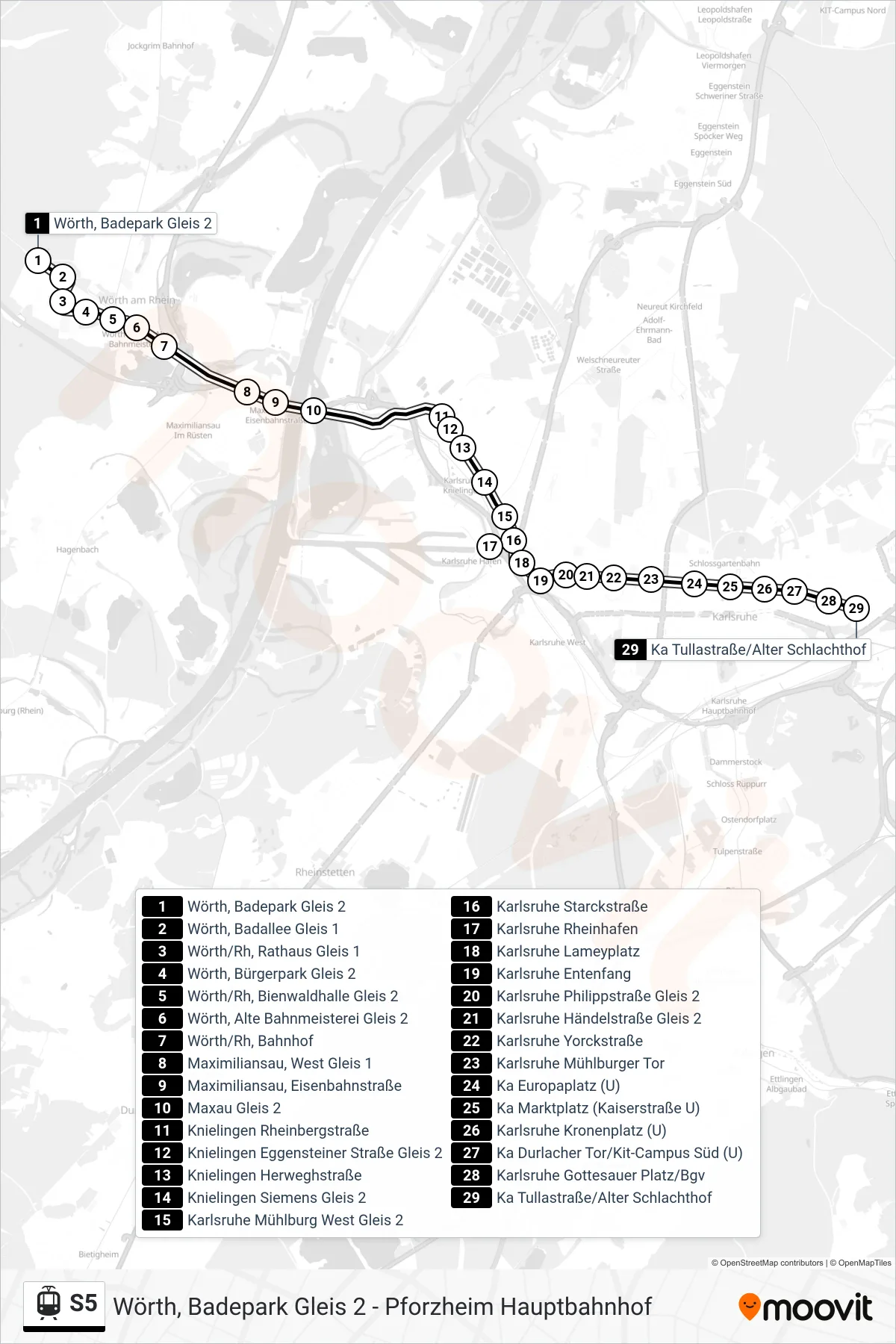 Linie S5 (Straßenbahn) Richtung Ka Tullastraße/Alter Schlachthof: Route und Haltestellen auf der Karte