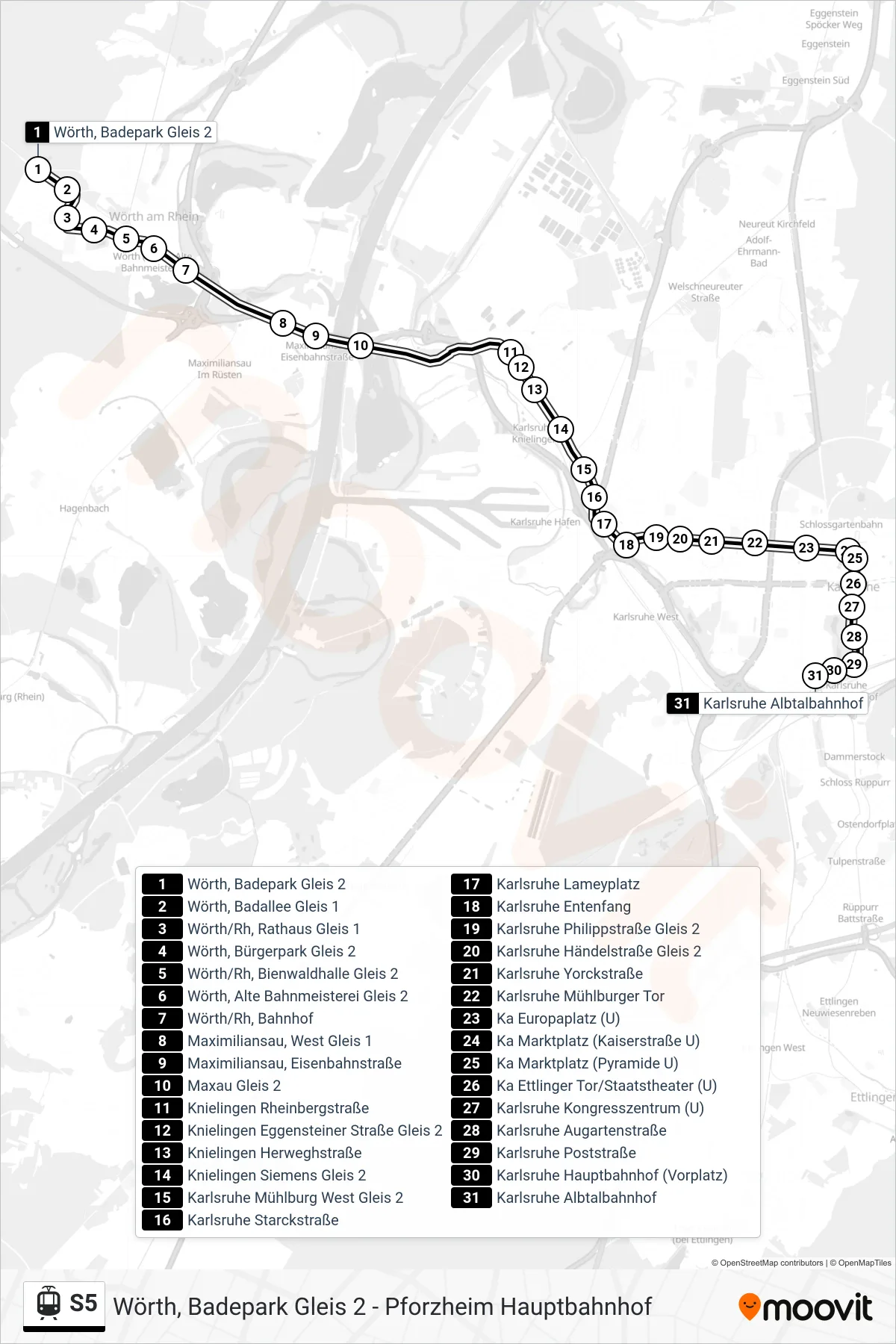 S5 light rail Line (Karlsruhe Albtalbahnhof) route and stops on a map