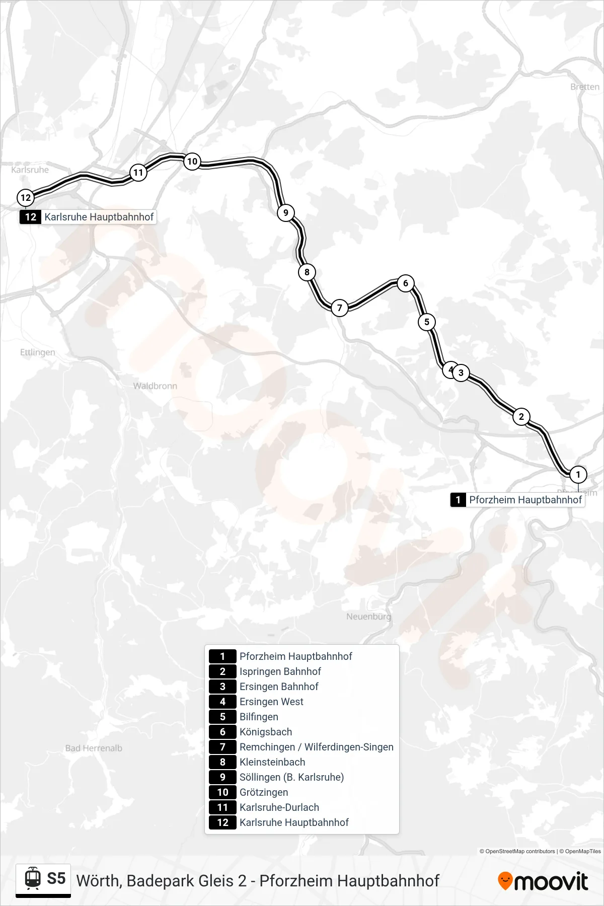 S5 light rail Line (Karlsruhe Hauptbahnhof) route and stops on a map