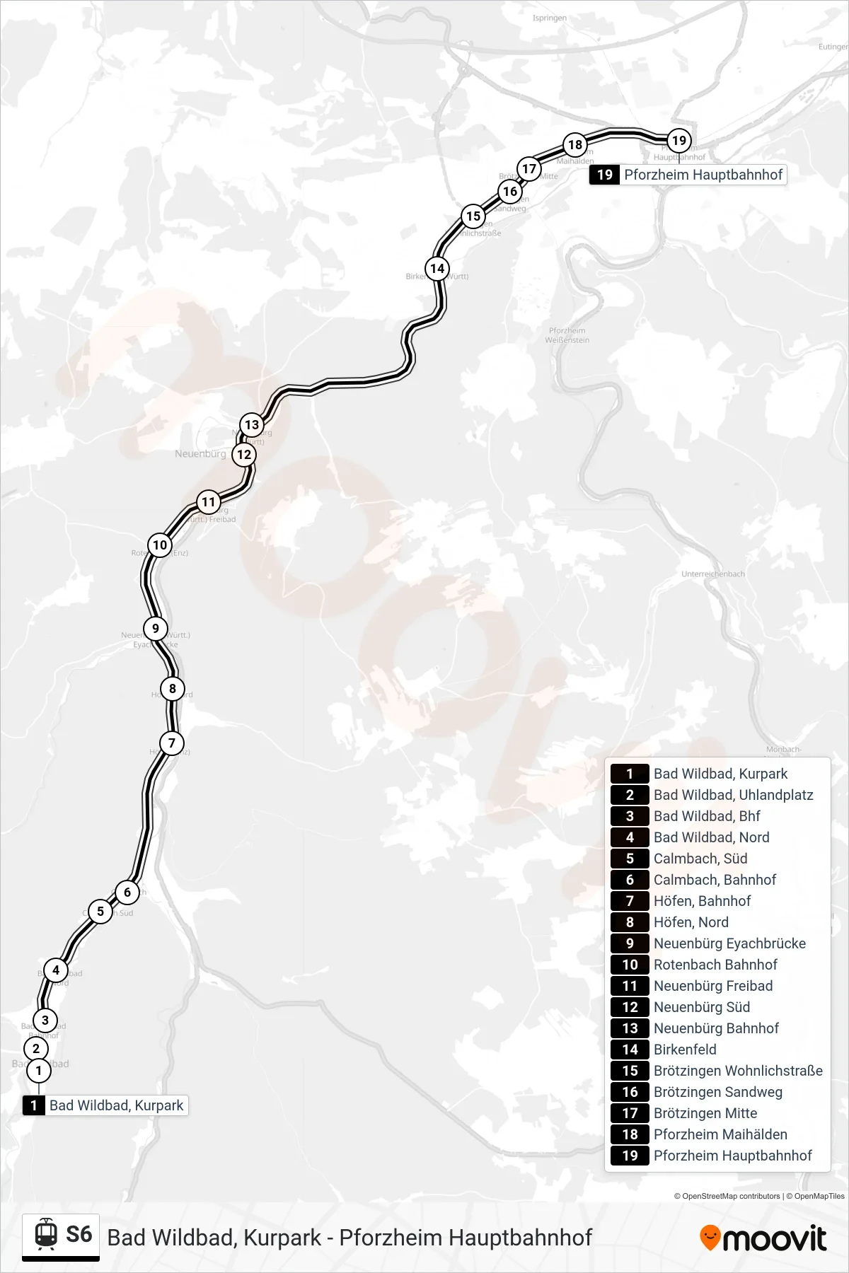 Linie S6 (Straßenbahn) Richtung Pforzheim Hauptbahnhof: Route und Haltestellen auf der Karte