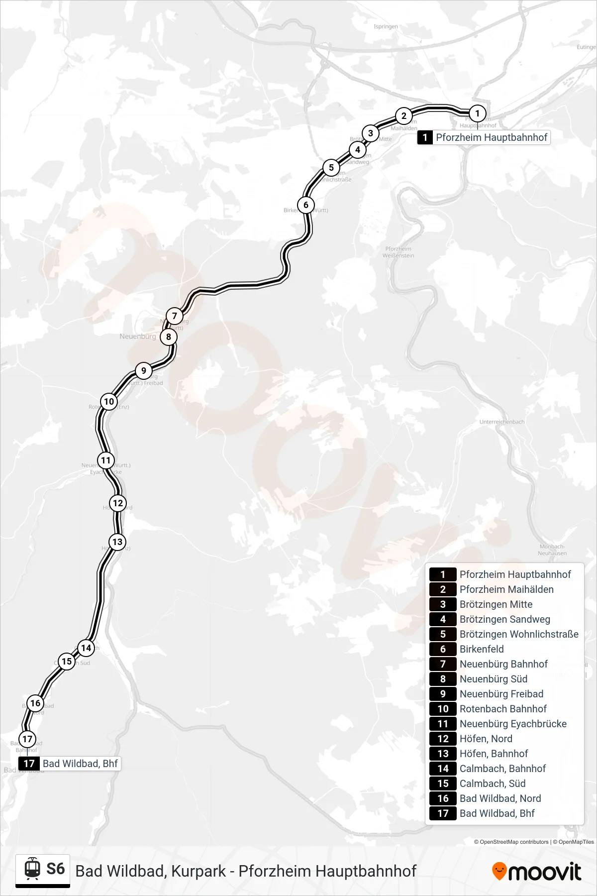 S6 light rail Line (Bad Wildbad, Bhf) route and stops on a map