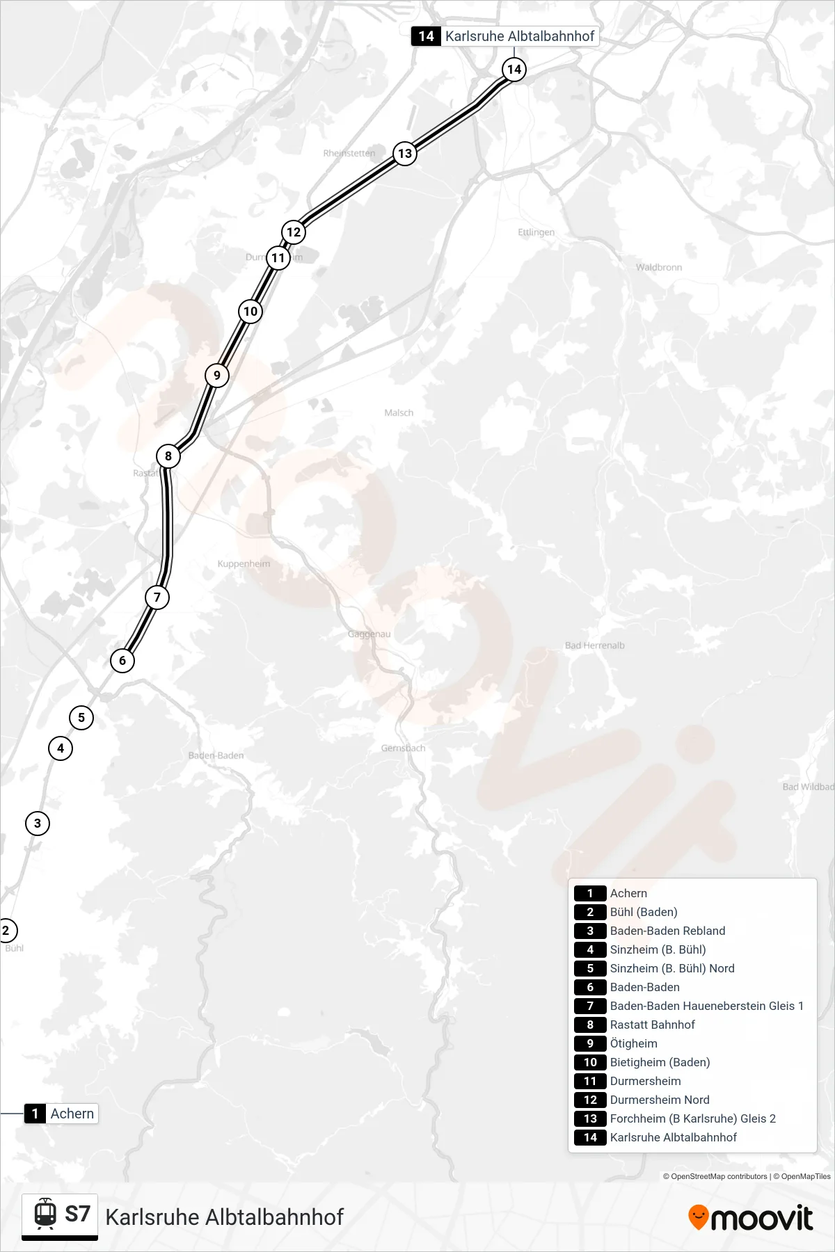 S7 tram Line (Karlsruhe Albtalbahnhof) route and stops on a map