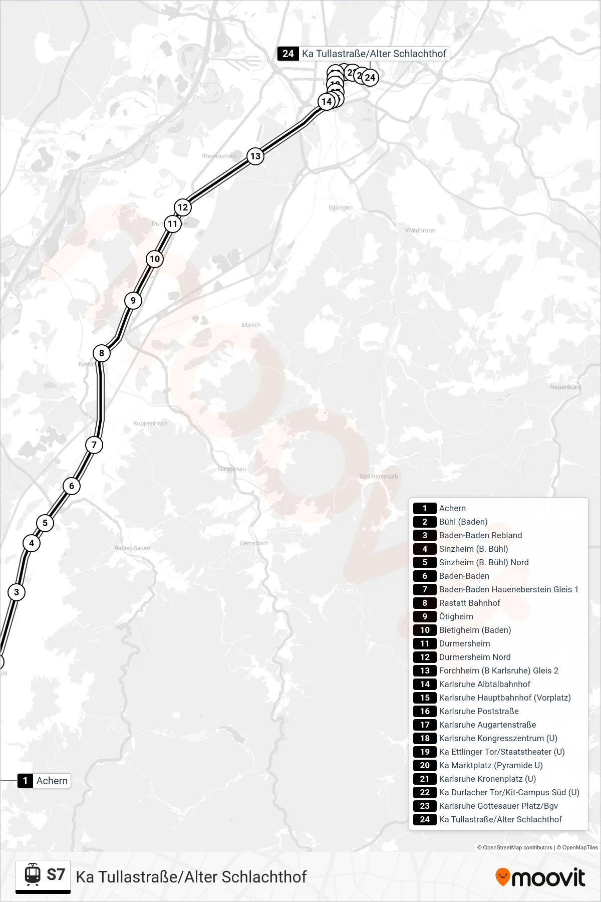 S7 light rail Line (Ka Tullastraße/Alter Schlachthof) route and stops on a map