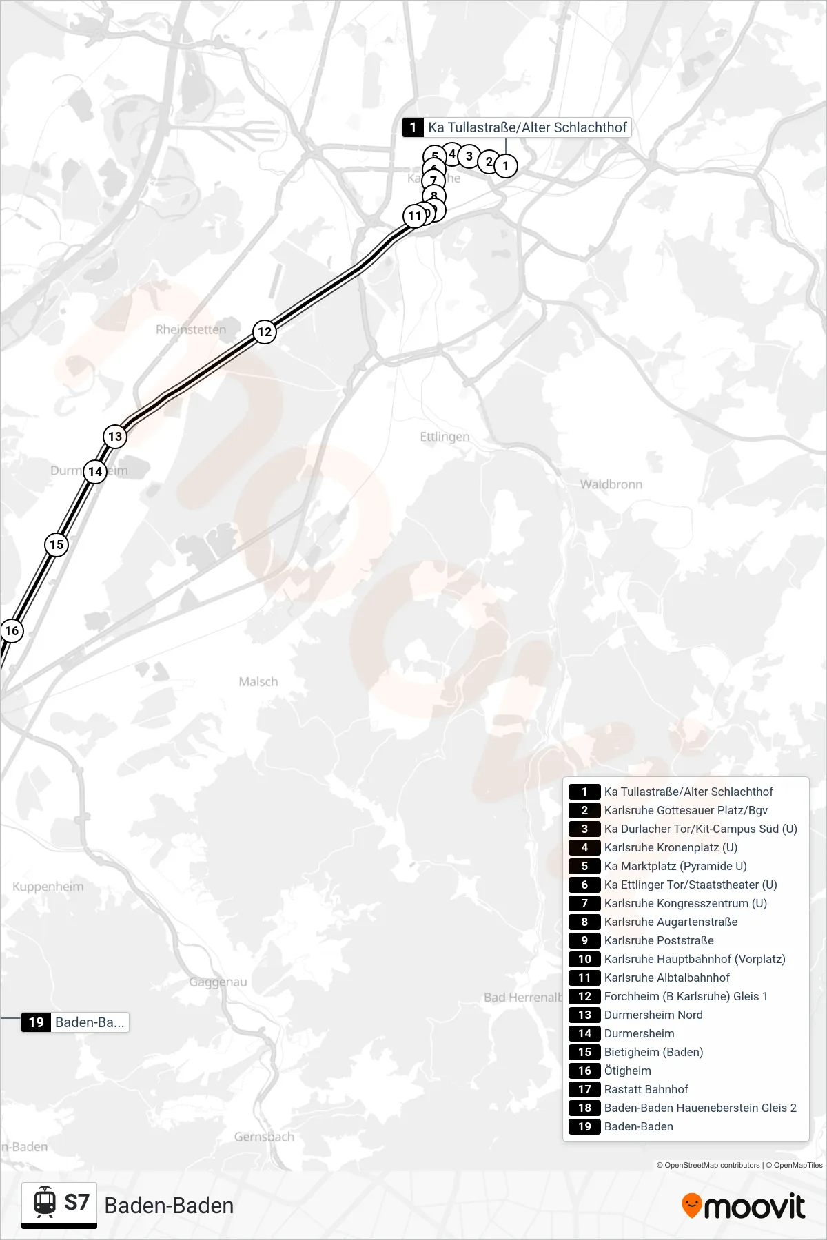 S7 light rail Line (Baden-Baden) route and stops on a map