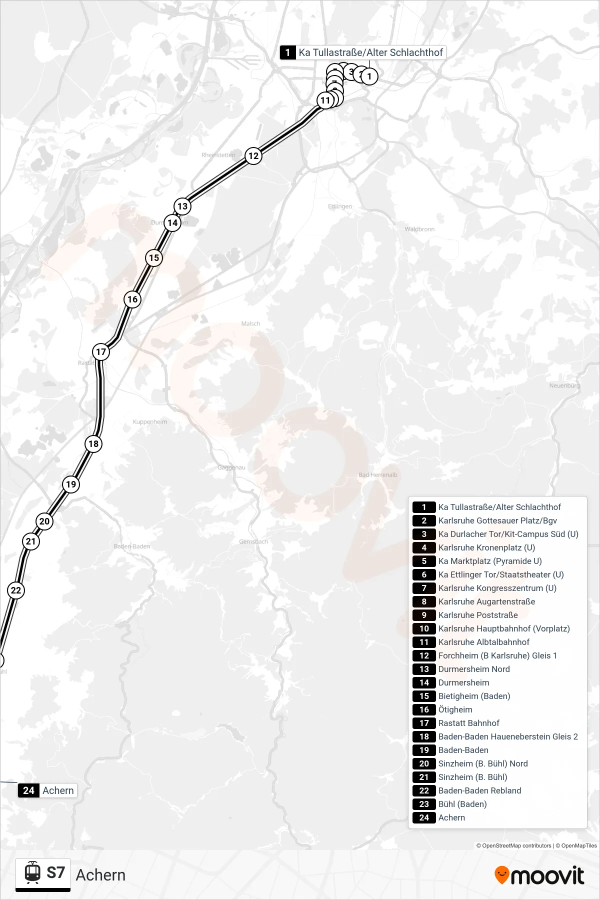 S7 light rail Line (Achern) route and stops on a map