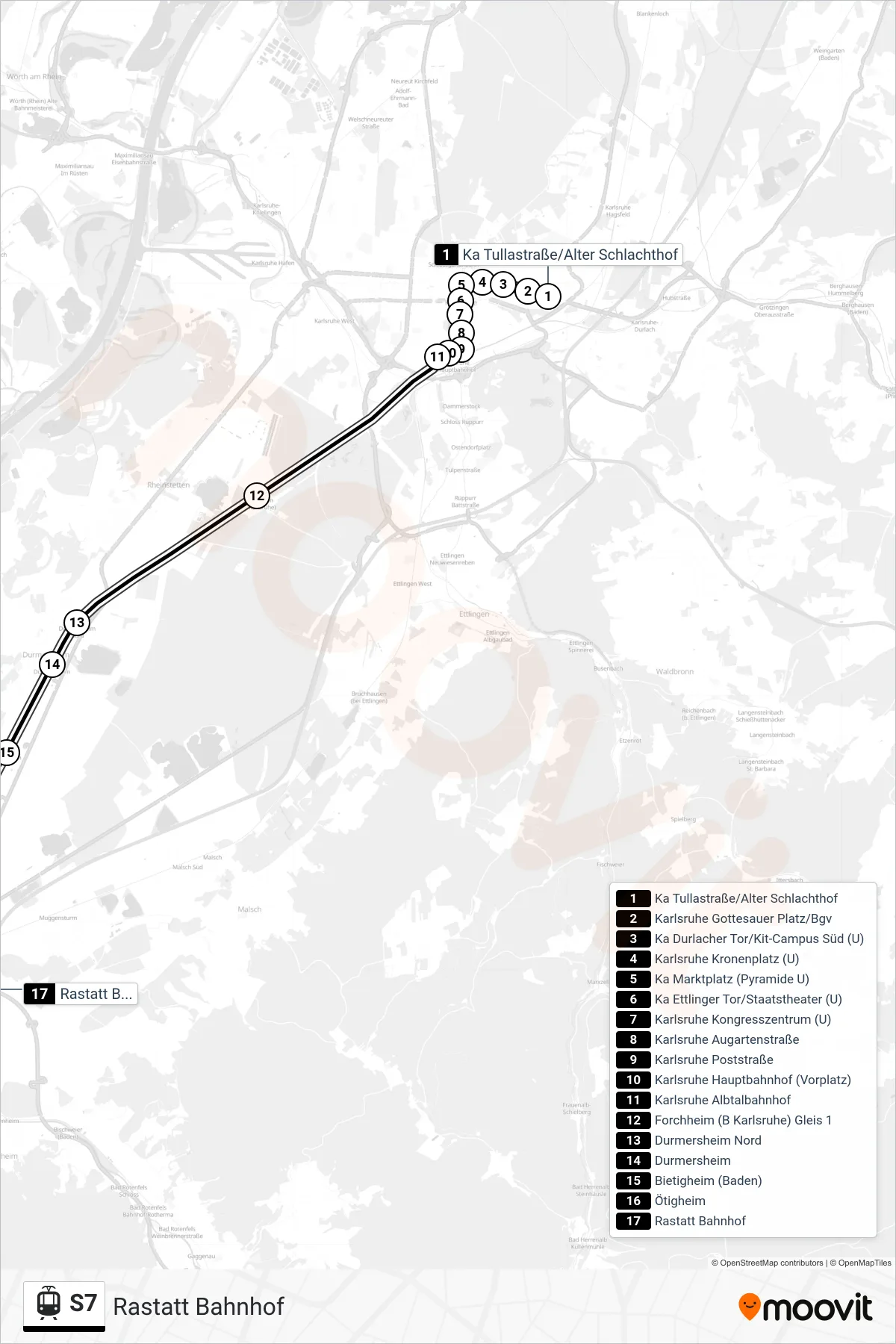 S7 light rail Line (Rastatt Bahnhof) route and stops on a map