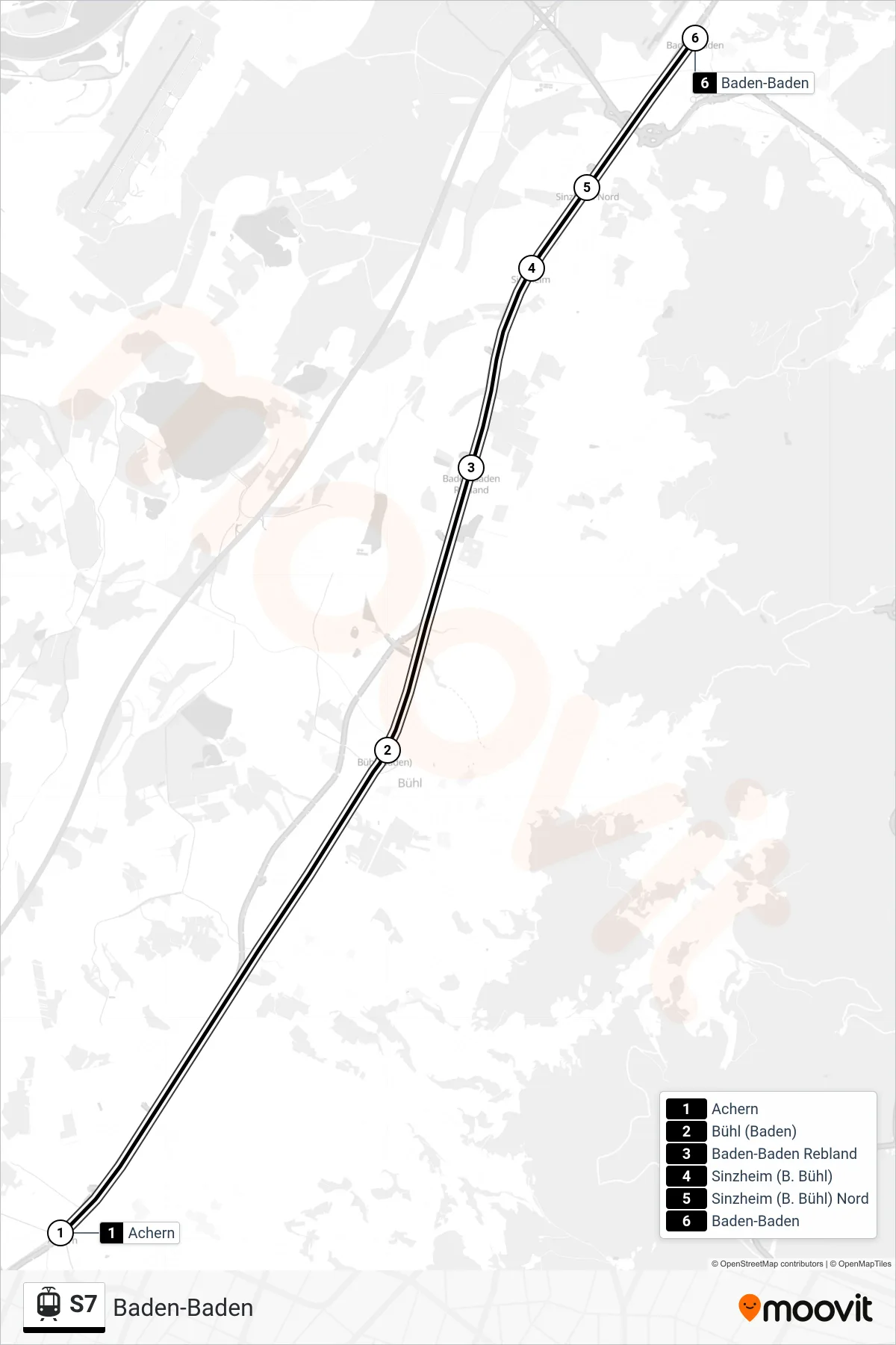Linie S7 (Tram) Richtung Baden-Baden: Route und Haltestellen auf der Karte