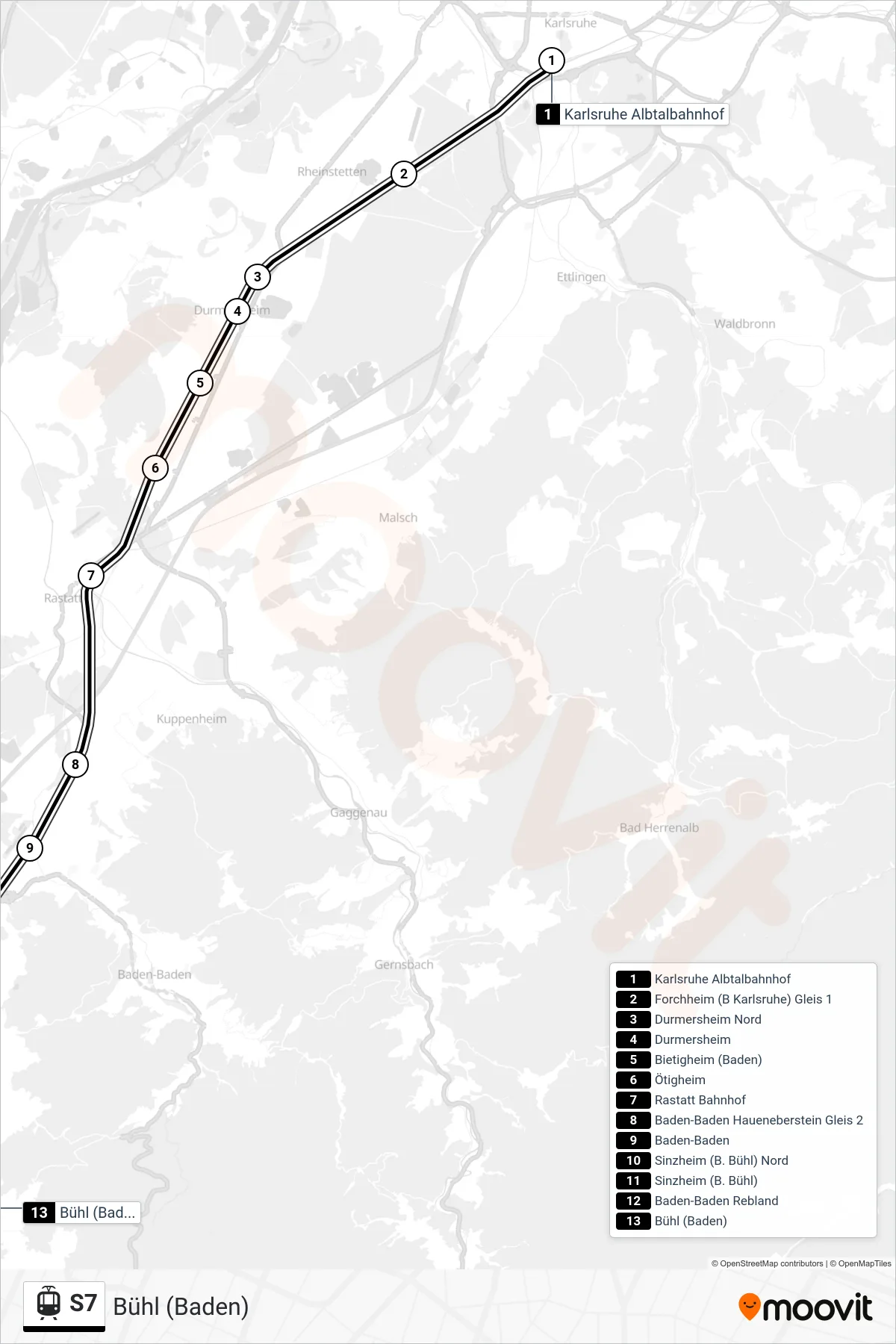 S7 light rail Line (Bühl (Baden)) route and stops on a map