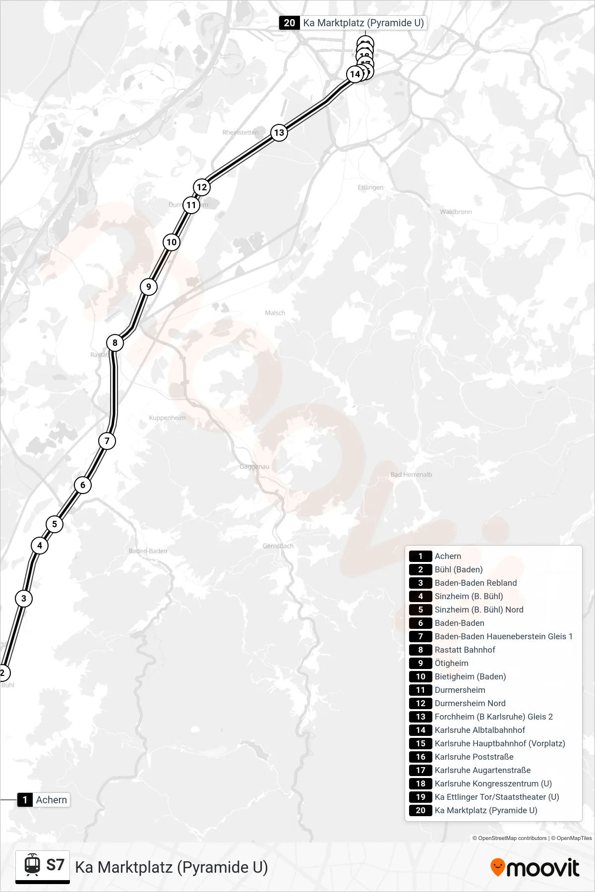 S7 tram Line (Ka Marktplatz (Pyramide U)) route and stops on a map