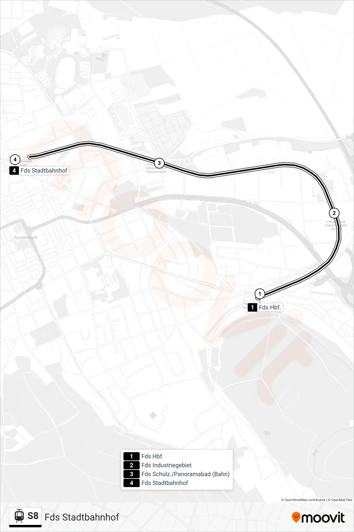 S8 tram Line (Fds Stadtbahnhof) route and stops on a map