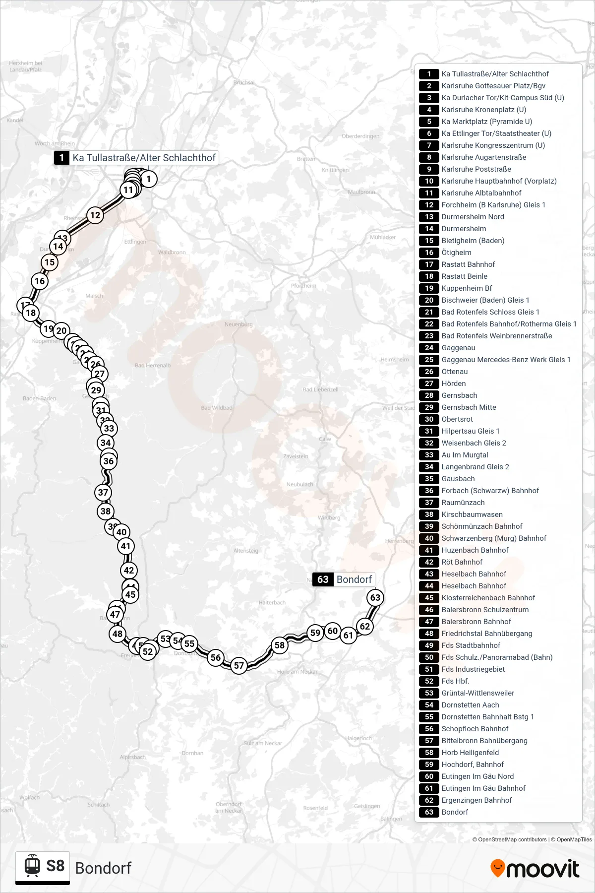S8 light rail Line (Bondorf) route and stops on a map