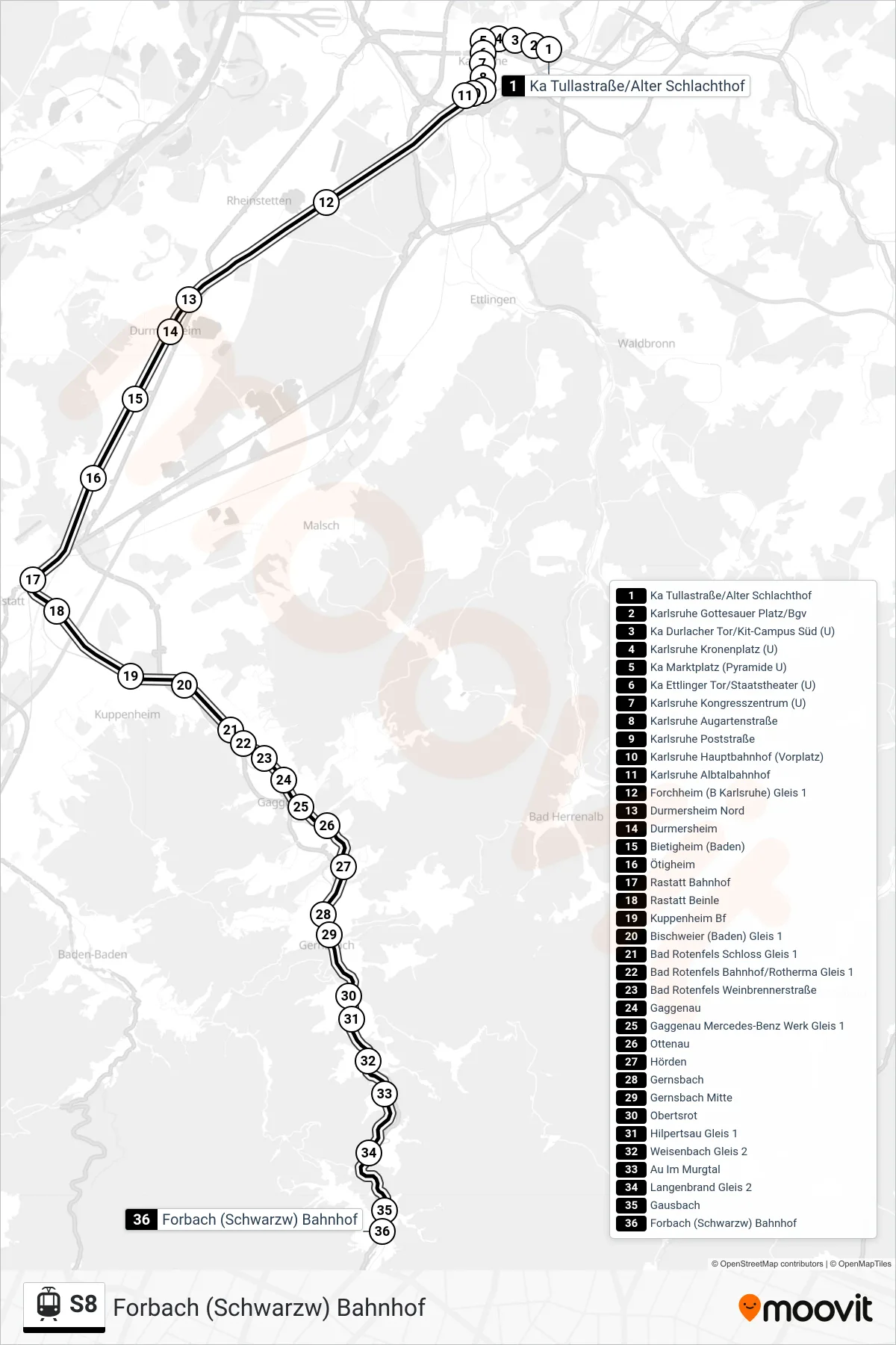 S8 light rail Line (Forbach (Schwarzw) Bahnhof) route and stops on a map