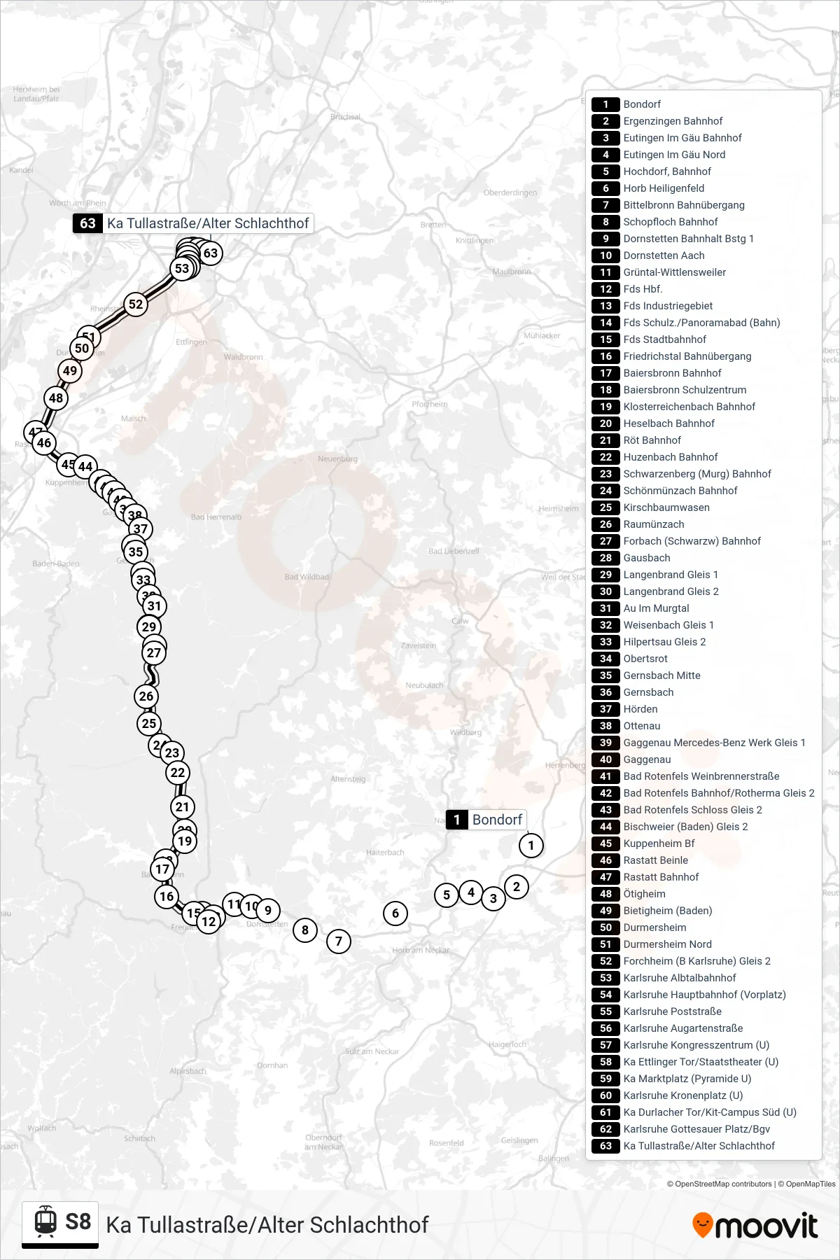 S8 light rail Line (Ka Tullastraße/Alter Schlachthof) route and stops on a map