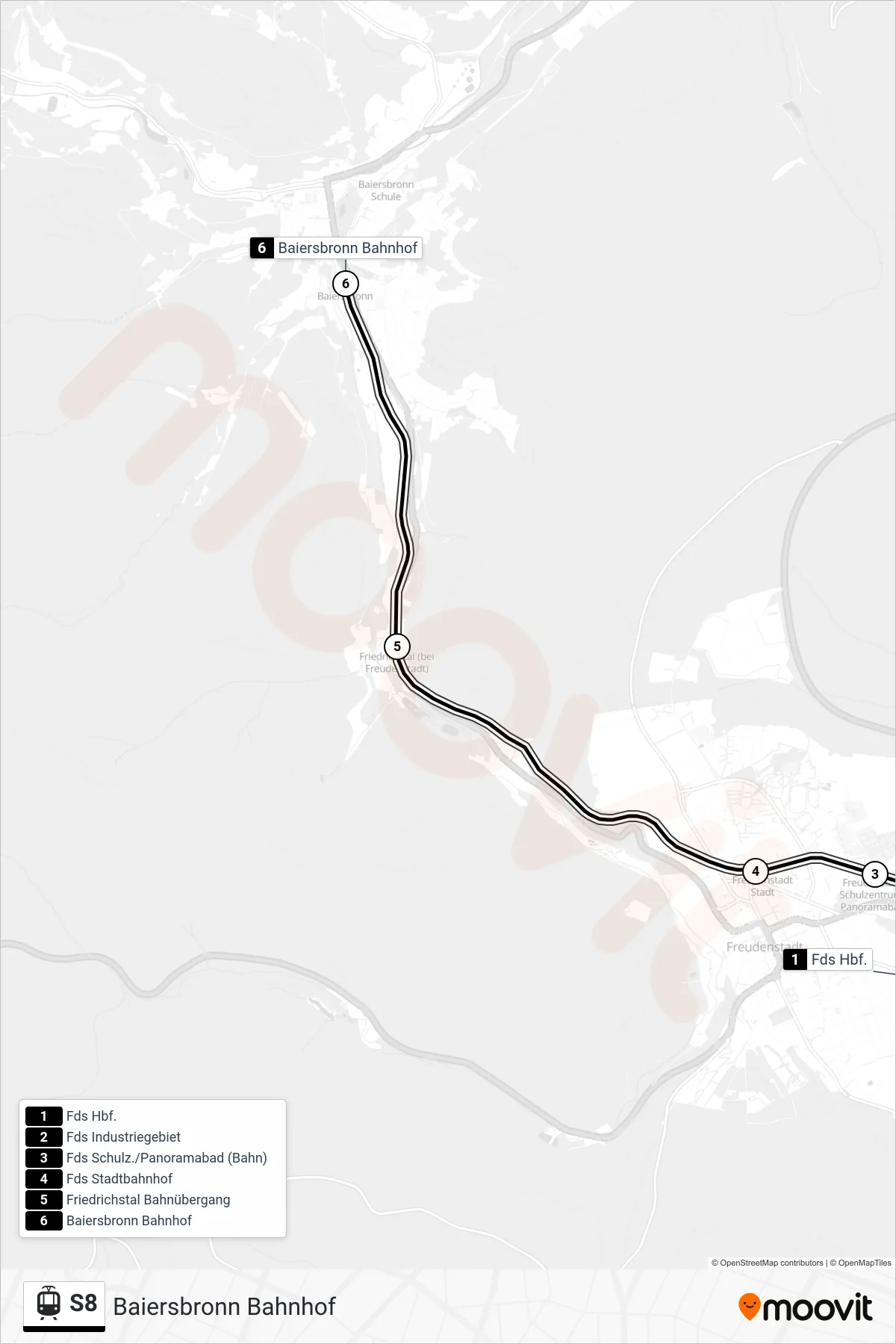 S8 light rail Line (Baiersbronn Bahnhof) route and stops on a map